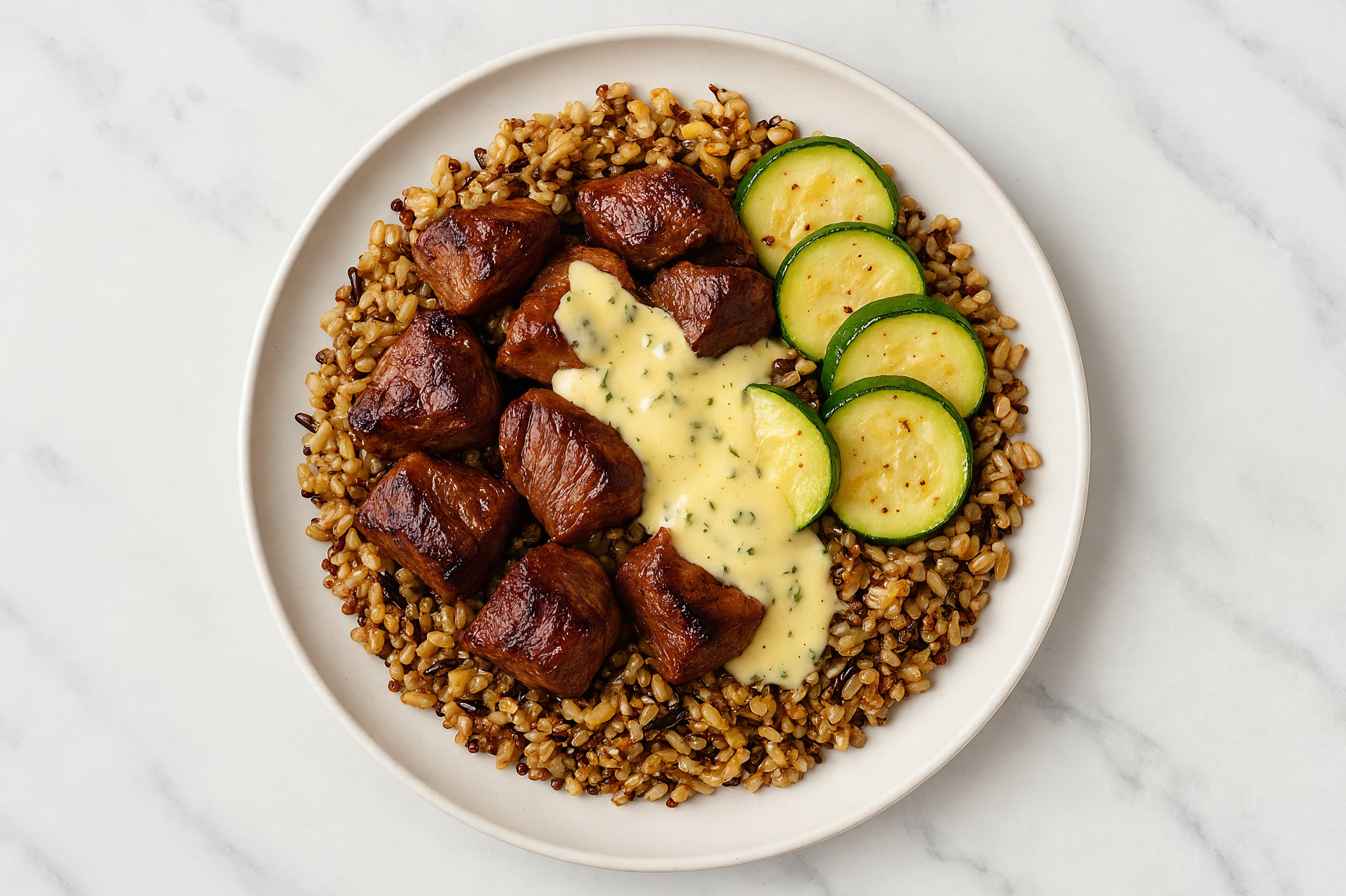 Caesar Seared Lamb + Seven Grain Bowl with Fresh Zucchini