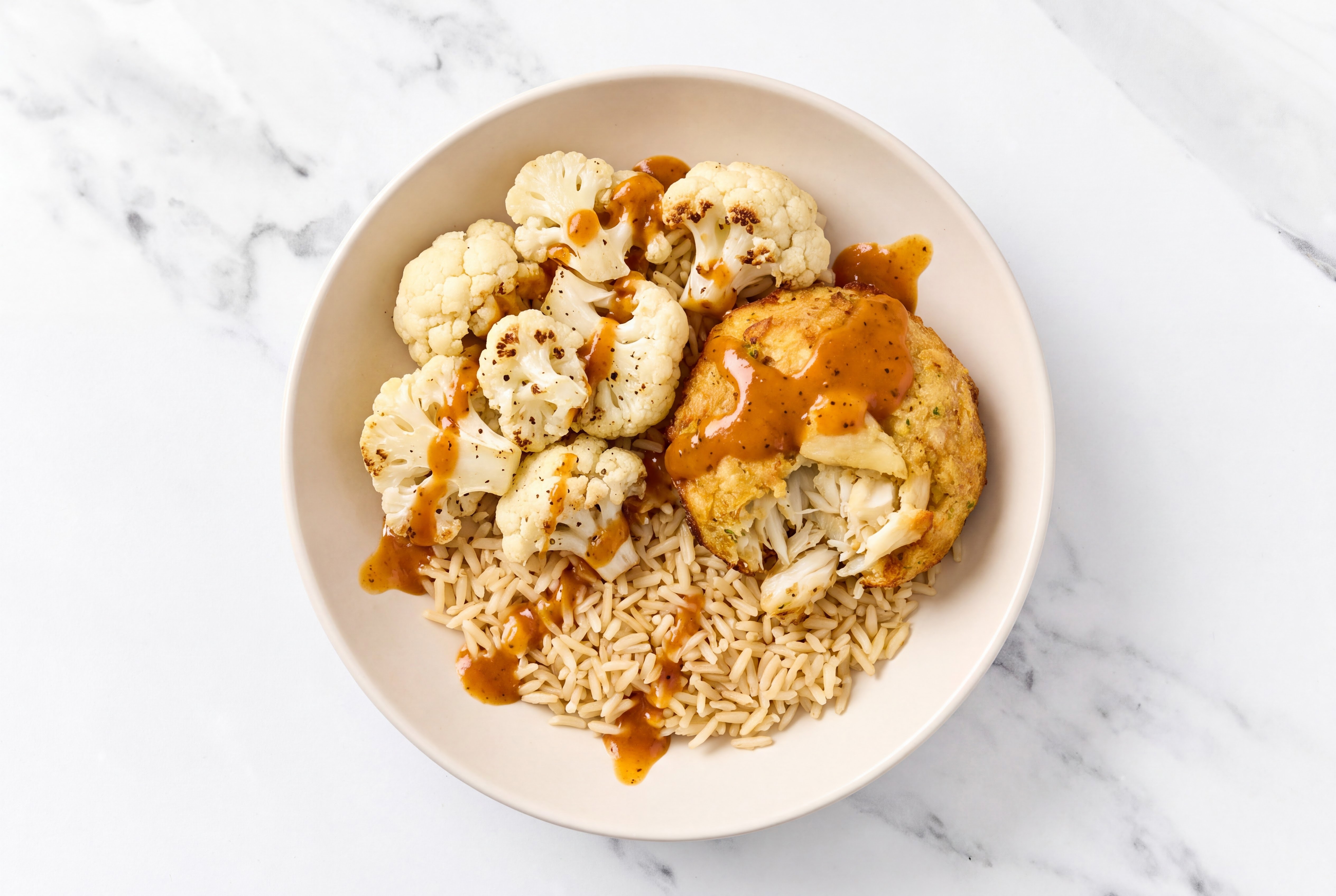 Jumbo Lump Crab Cakes Cake Rice Bowl with Sweet Hickory & Cauliflower Florets