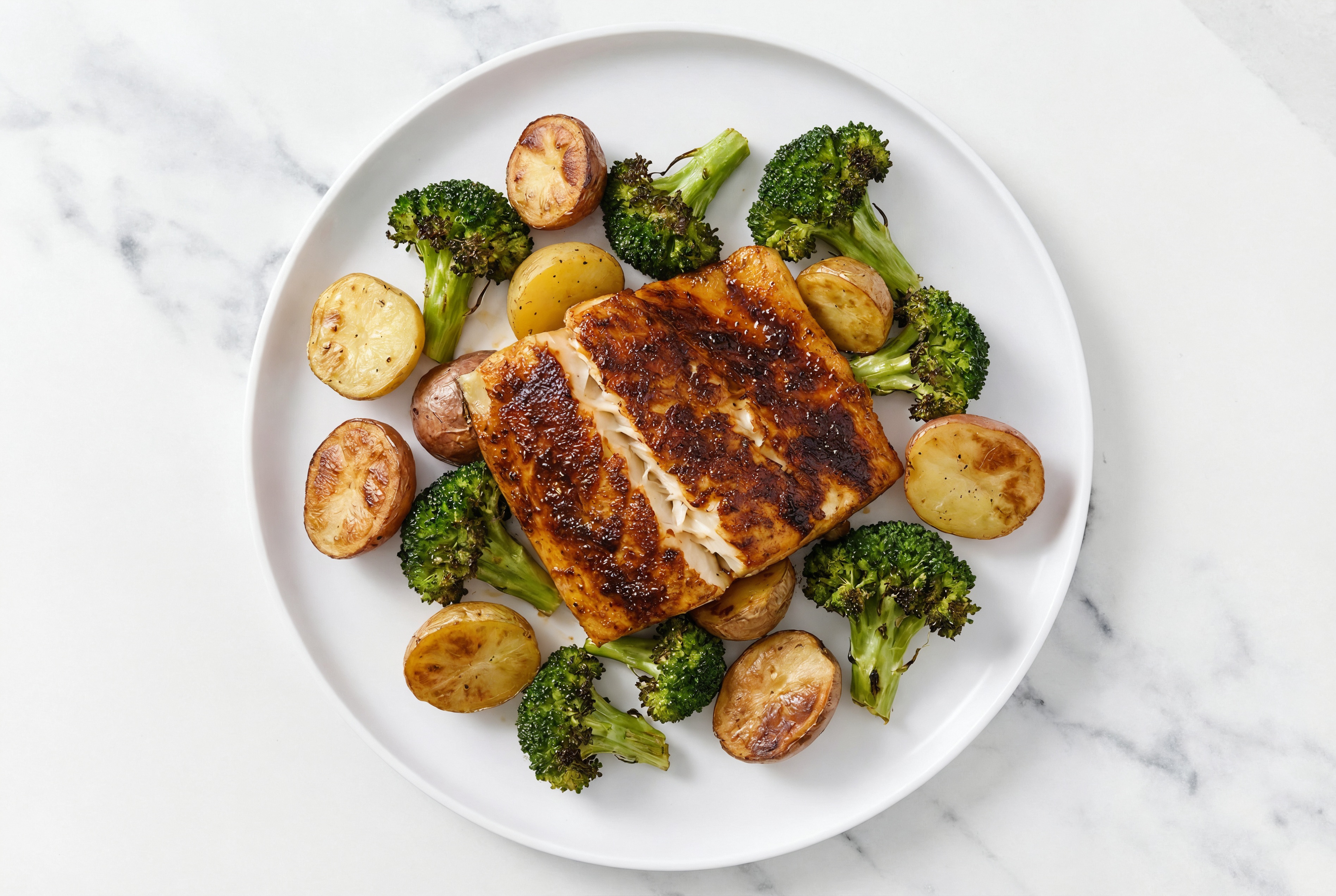 Spiced Oven Roasted Barramundi with Baby Potatoes with Broccoli Florets