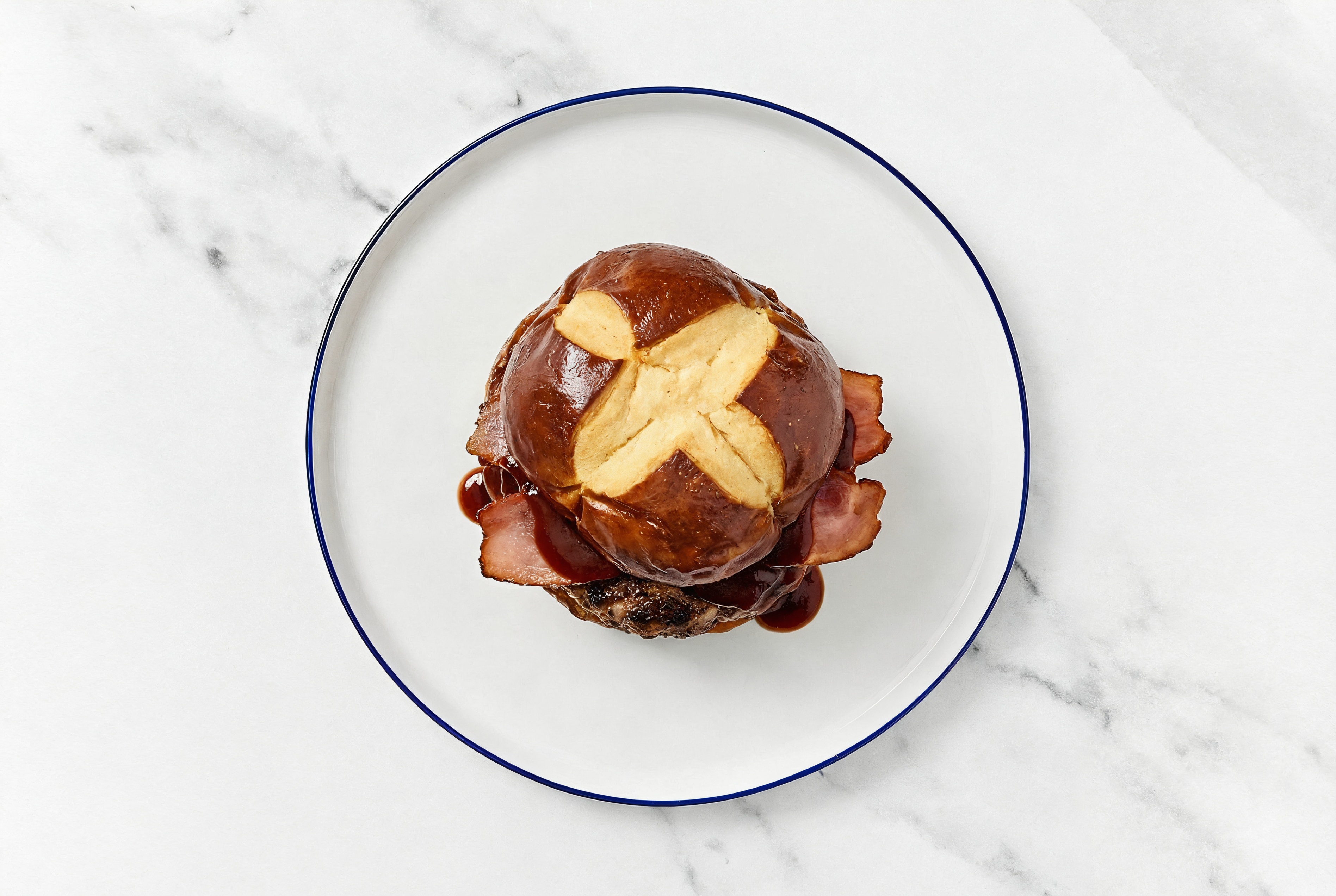 Beef Burger on Pretzel with BBQ & Turkey Bacon with Original BBQ Sauce