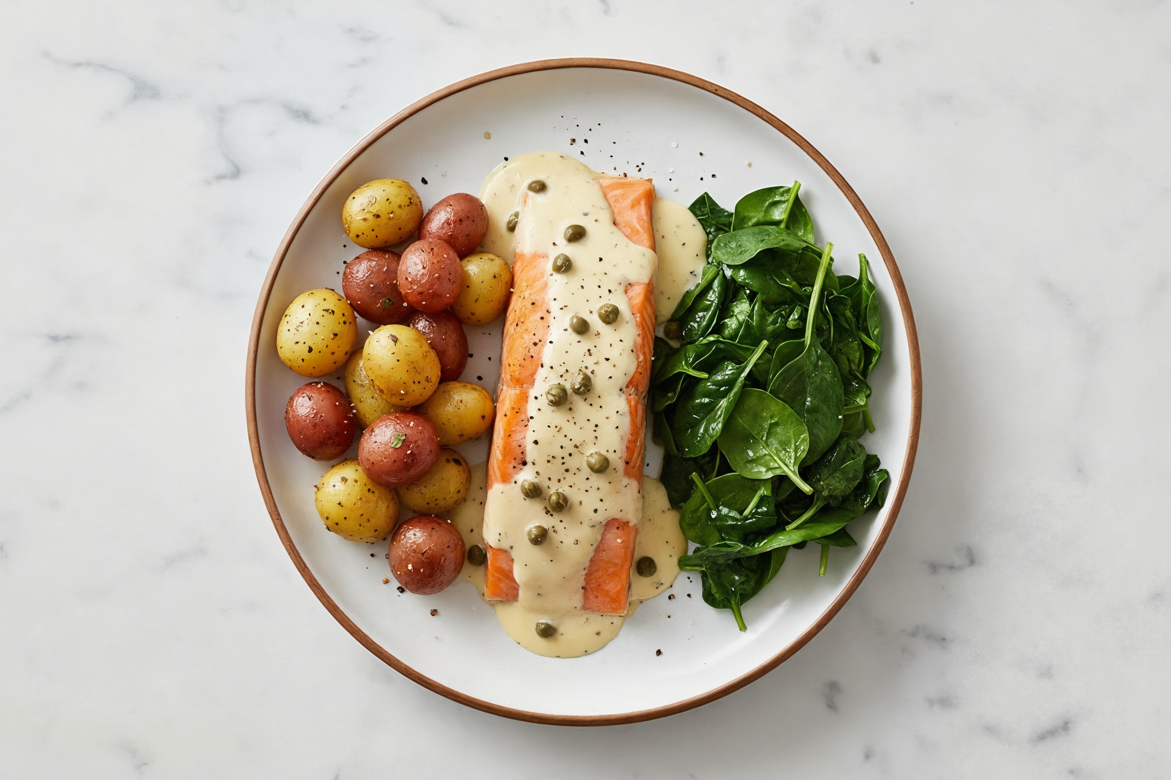 Herby Roasted Wild Salmon with Creamy Caper Dressing with Baby Spinach