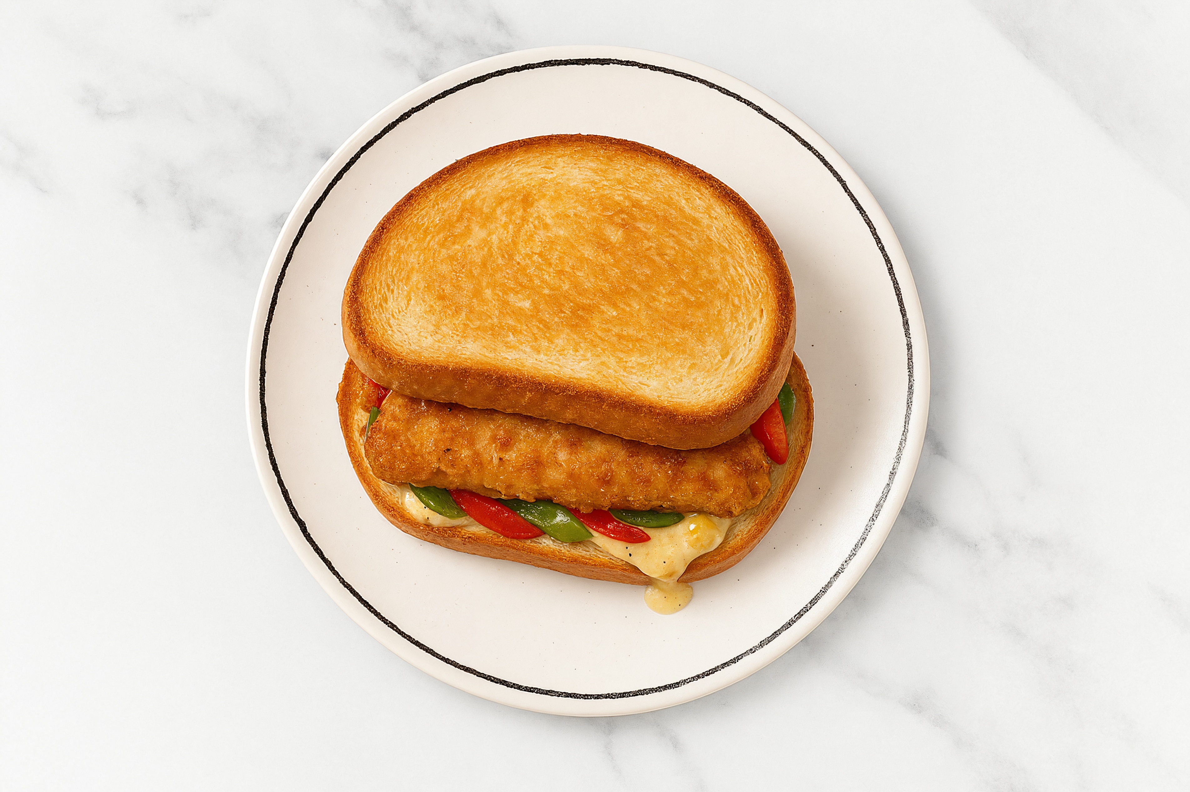 Street Corn "Chicken" Tenders Sandwich with Peppers + Onion on Honey White Bread