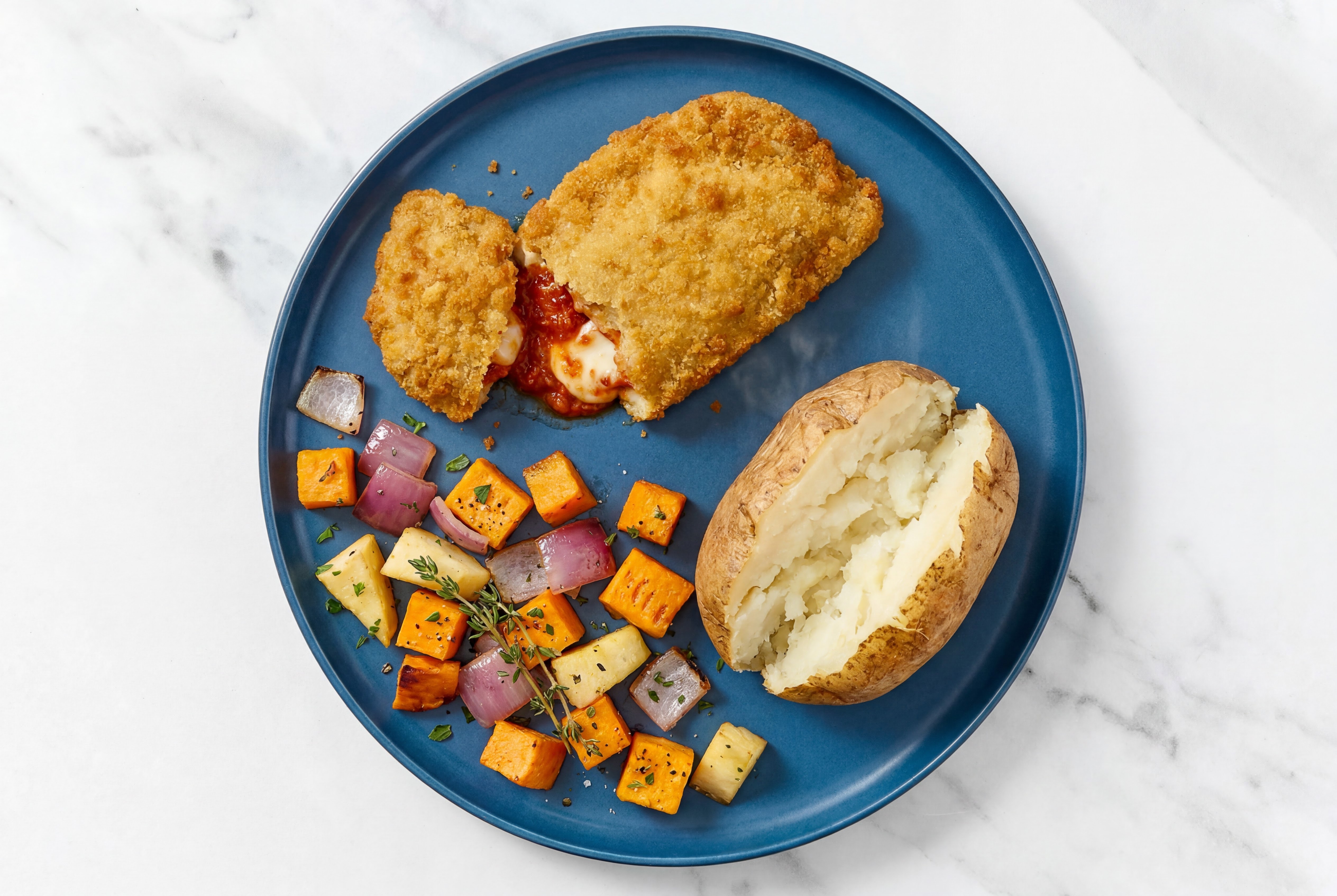 "Chicken" Parm with Roasting Veggies & Russet Potato