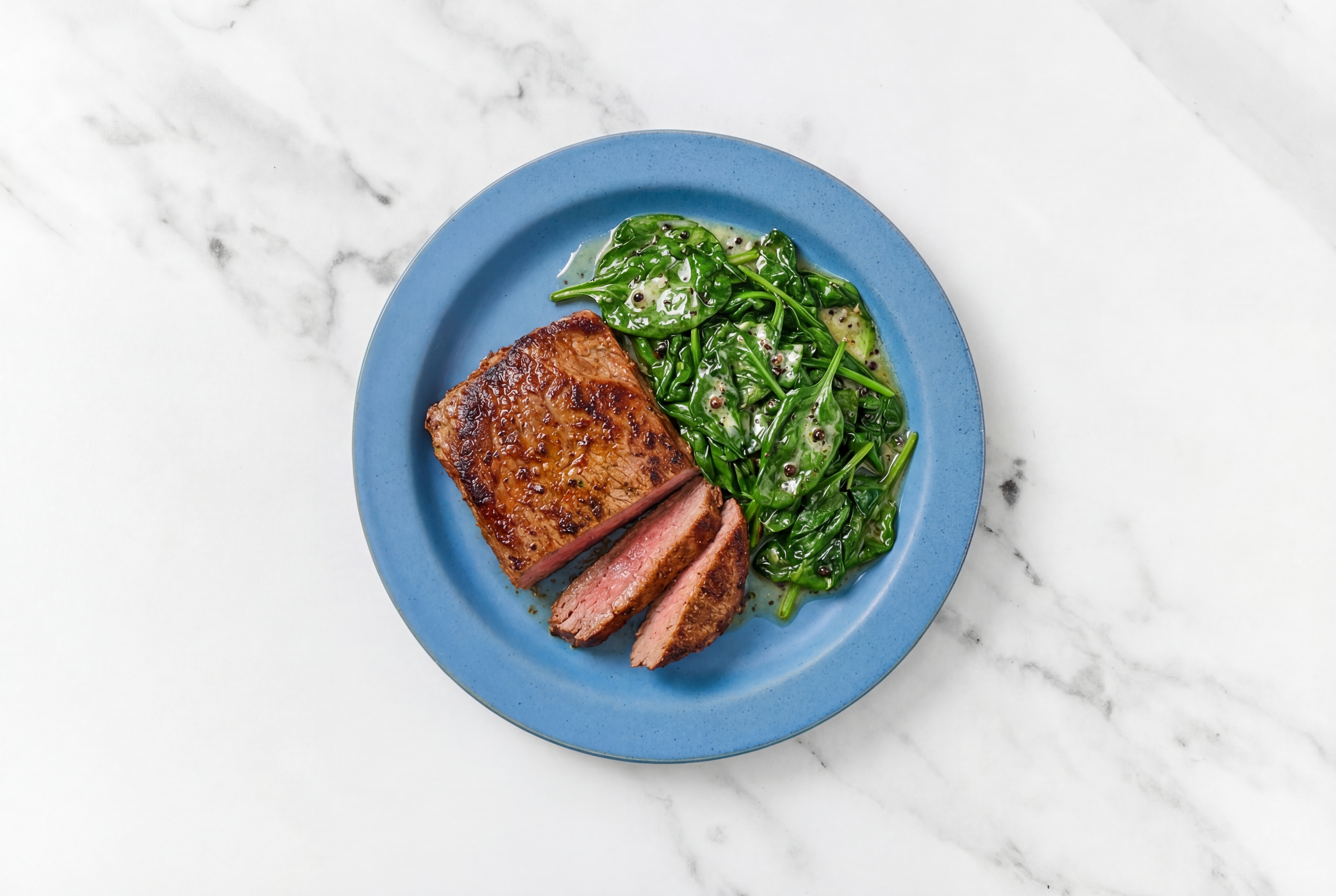  Adobo Marinated Flank Steak n' Slow Churned Lemon & Peppercorn Pasture Butter Pepper Baby Spinach