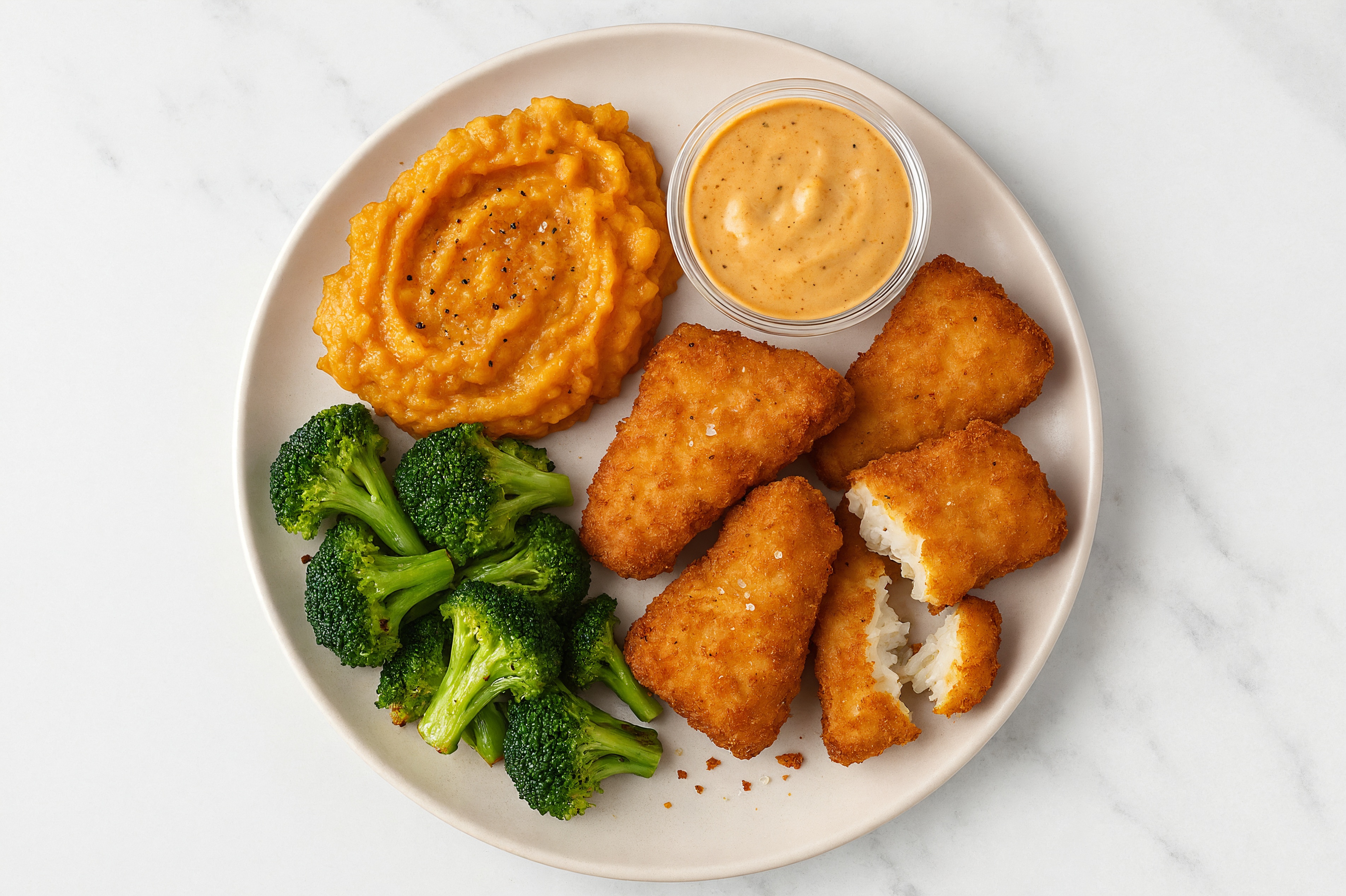 BBQ Air Fryer Fish Nuggets + Sweet Potato Mash with Broccoli Florets