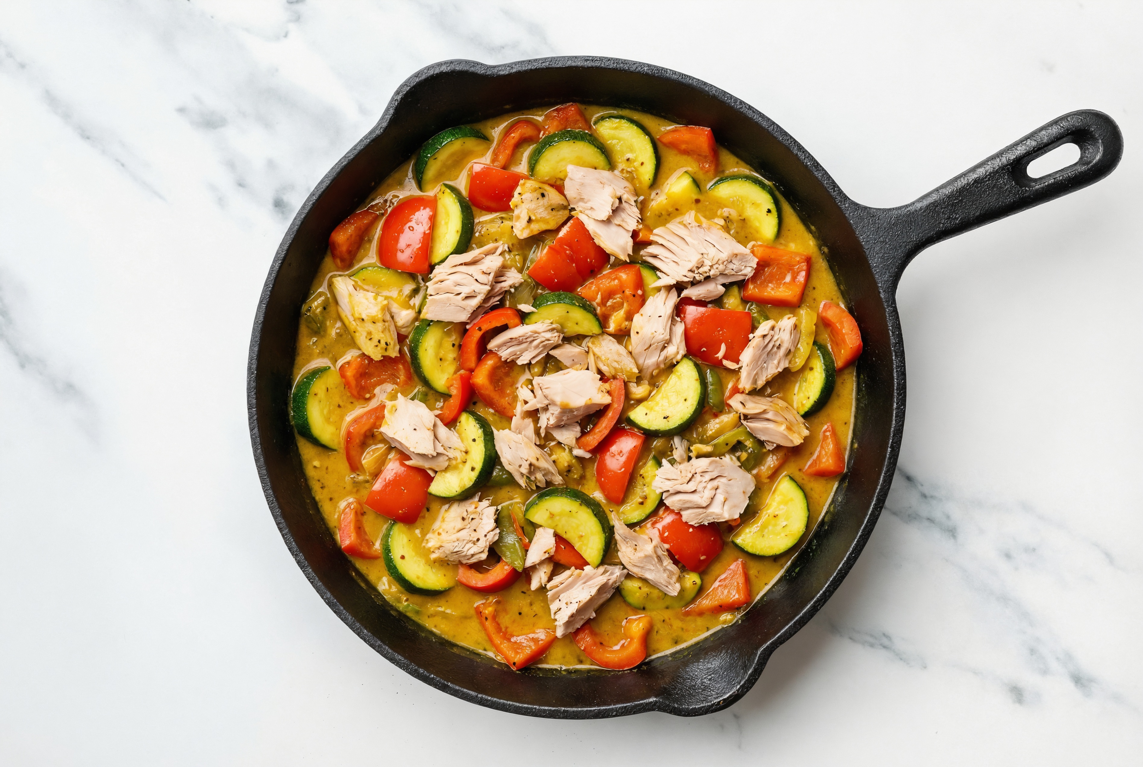 Albacore Tuna in Coconut Curry Sauce with Zucchini + Red Bell Pepper