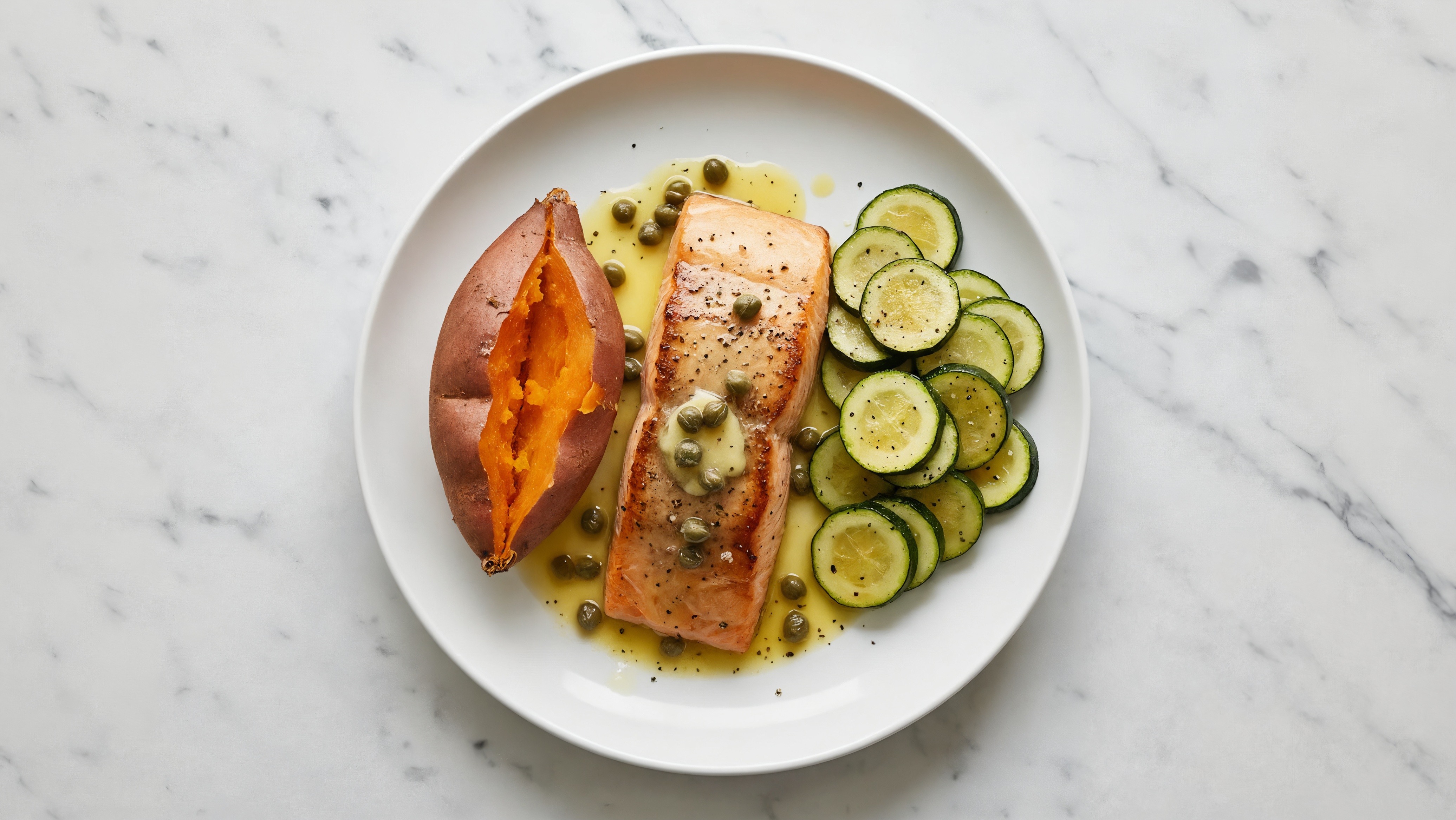 Caper-Slow Churned Lemon & Peppercorn Pasture Butter Salmon with Sweet Potato & Zucchini