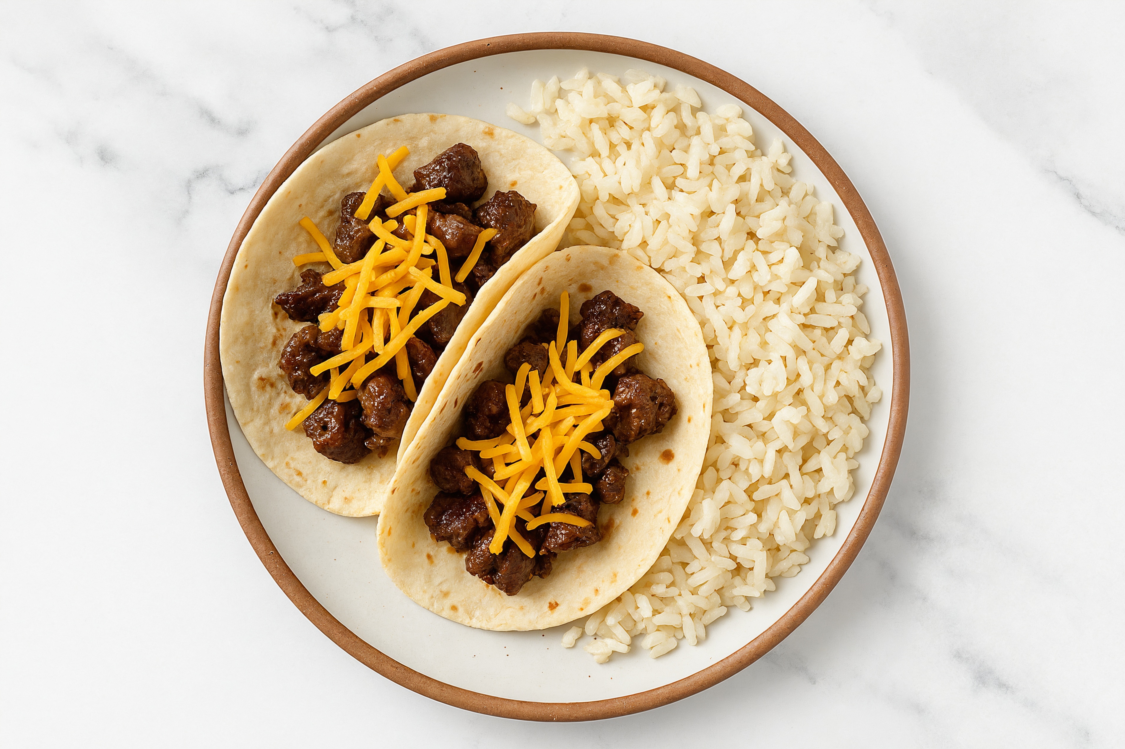 Cheesy Beef Tacos + Rice with Shredded Sharp Cheddar Cheese