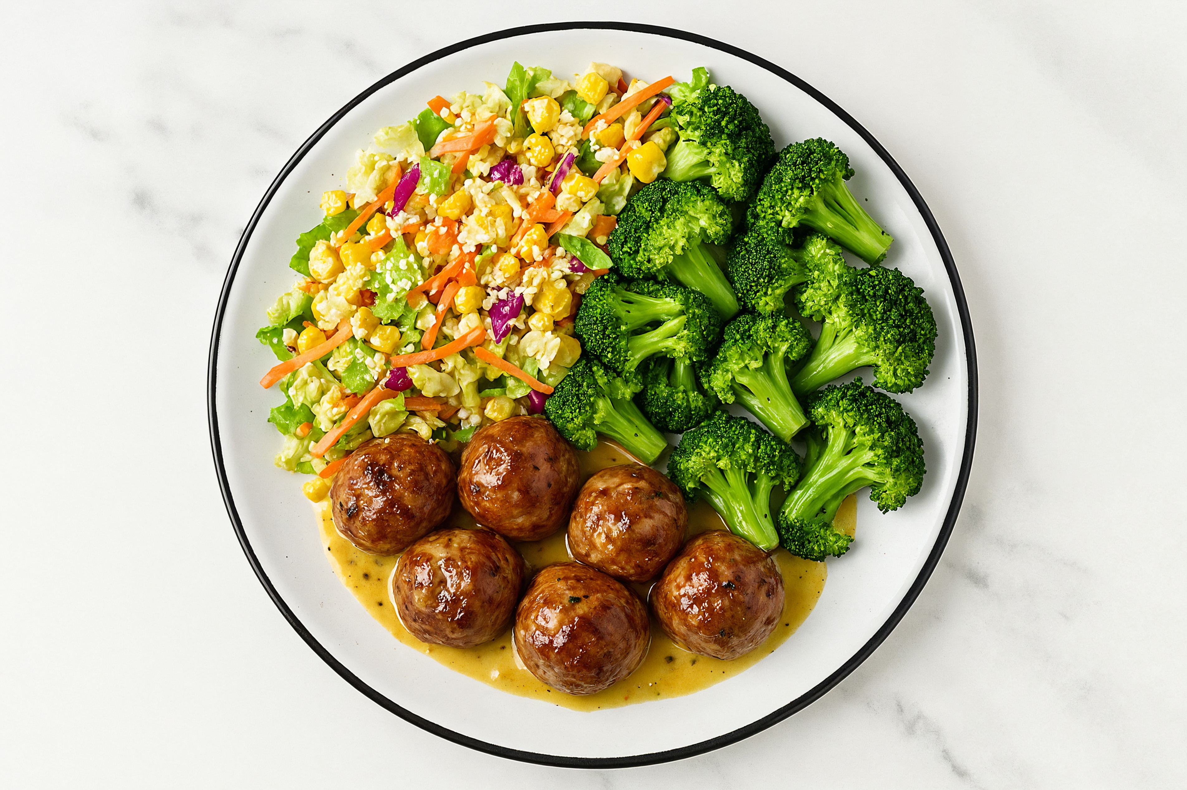 Garlic-Mustard Baked Lamb Meatballs & Broccoli with Street Corn Salad