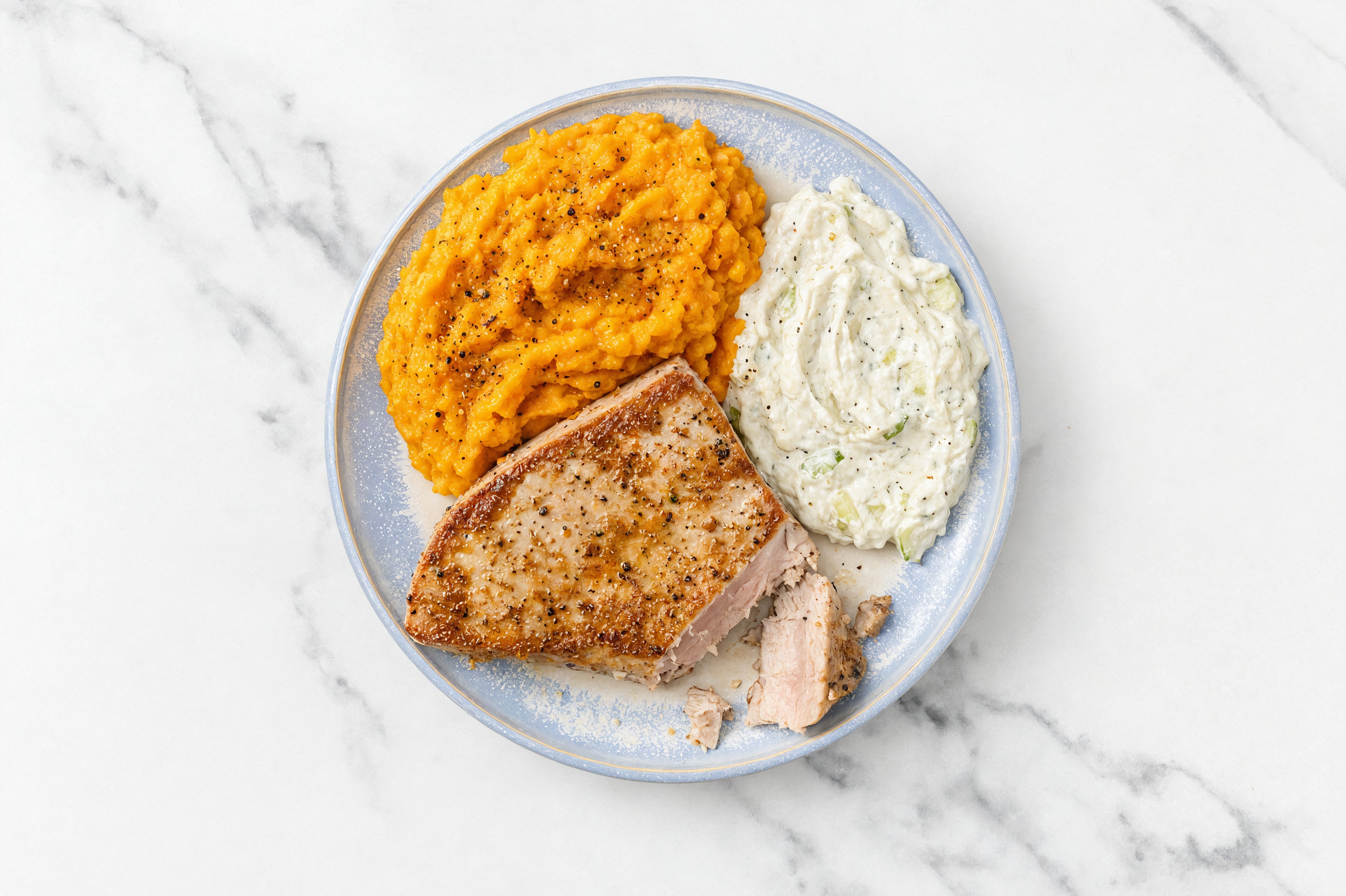 Tzatziki Tuna Steaks with Mashed Sweet Potatoes