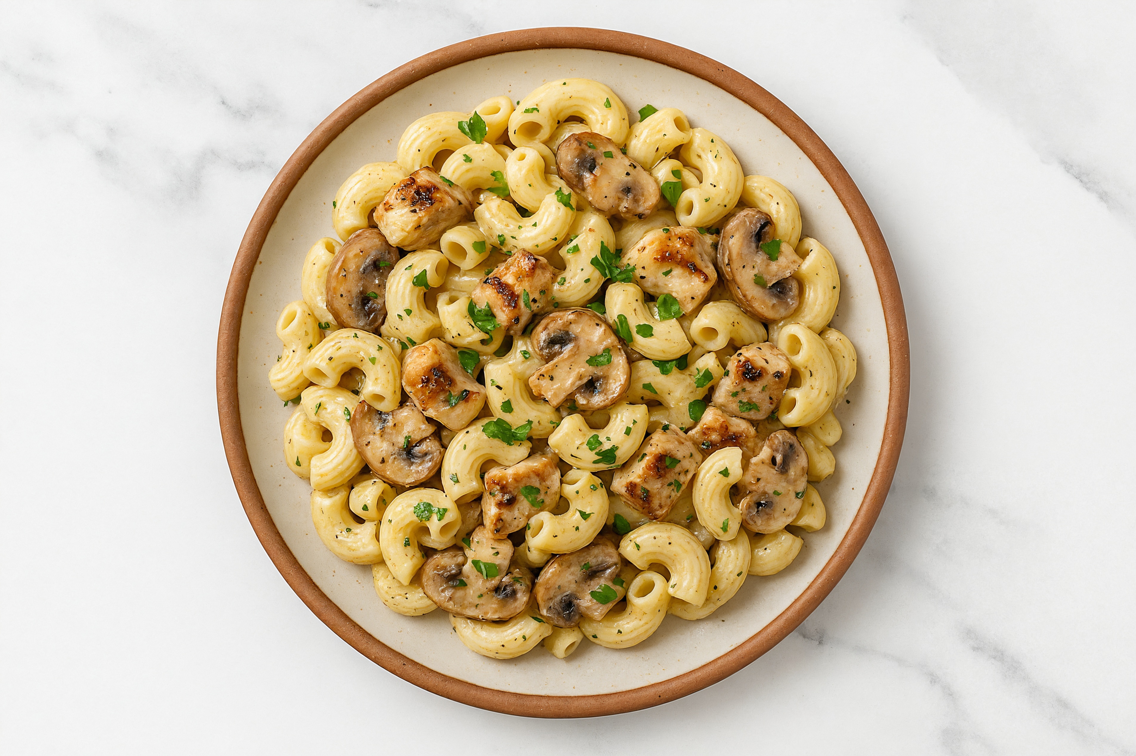 Creamy Herb White Sauce Mushroom + Grilled Boneless Pork Chops Chiocciole Pasta