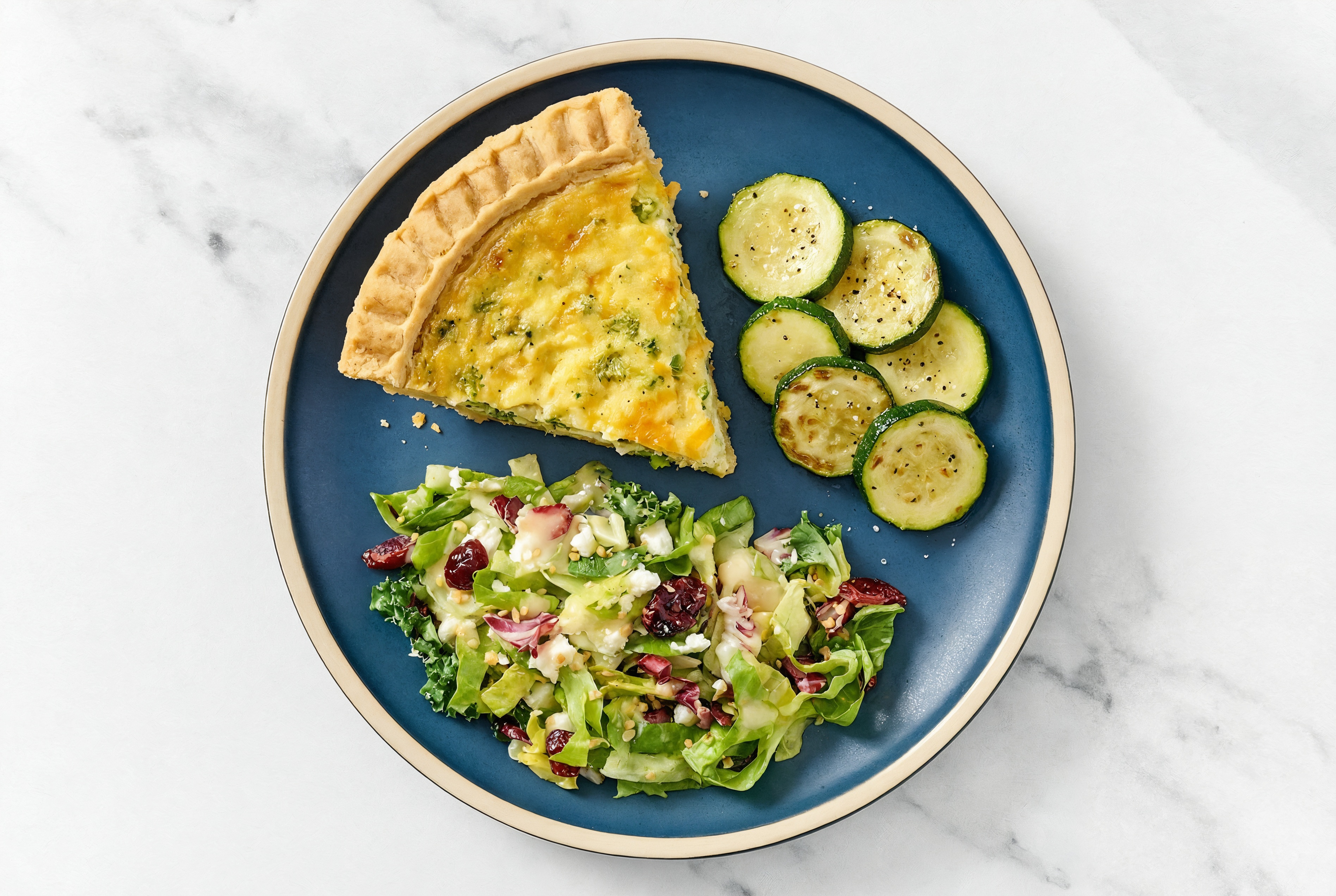 Broccoli & Cheddar Quiche with Zucchini & Honey Citrus Salad