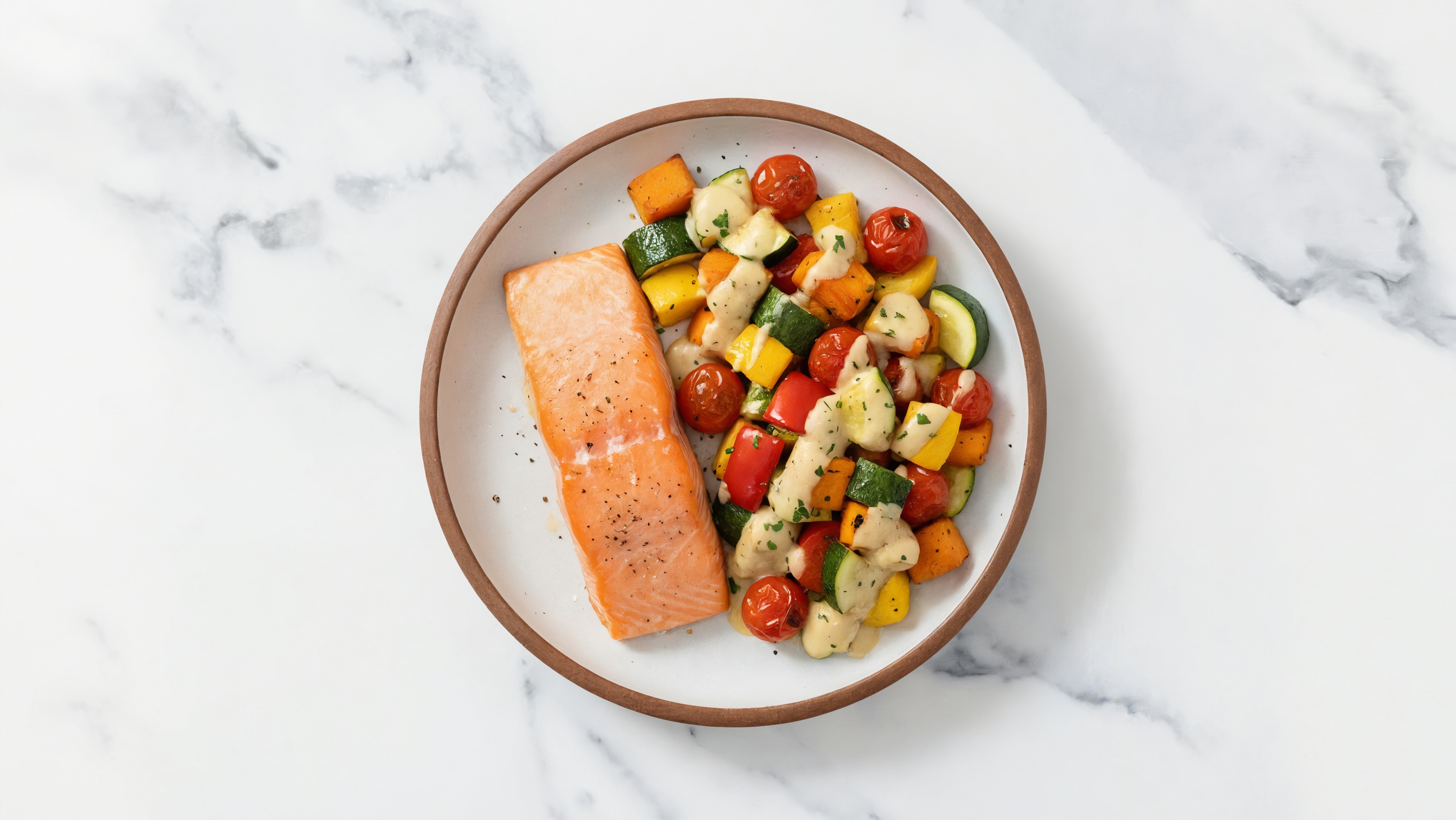 Sheet Pan Tahini-Salmon with Sweet Potatoes & Squash