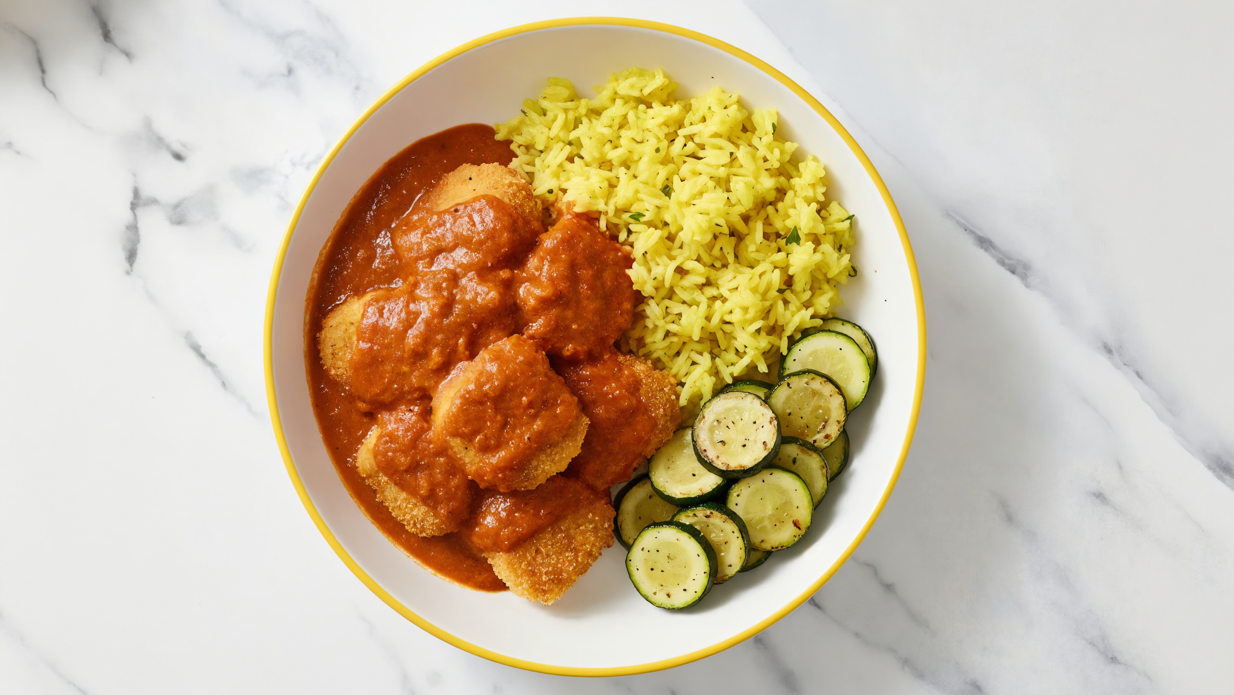 Crispy Tikka Masala Pollock Nuggets + Zucchini and Chicken & Herb Rice