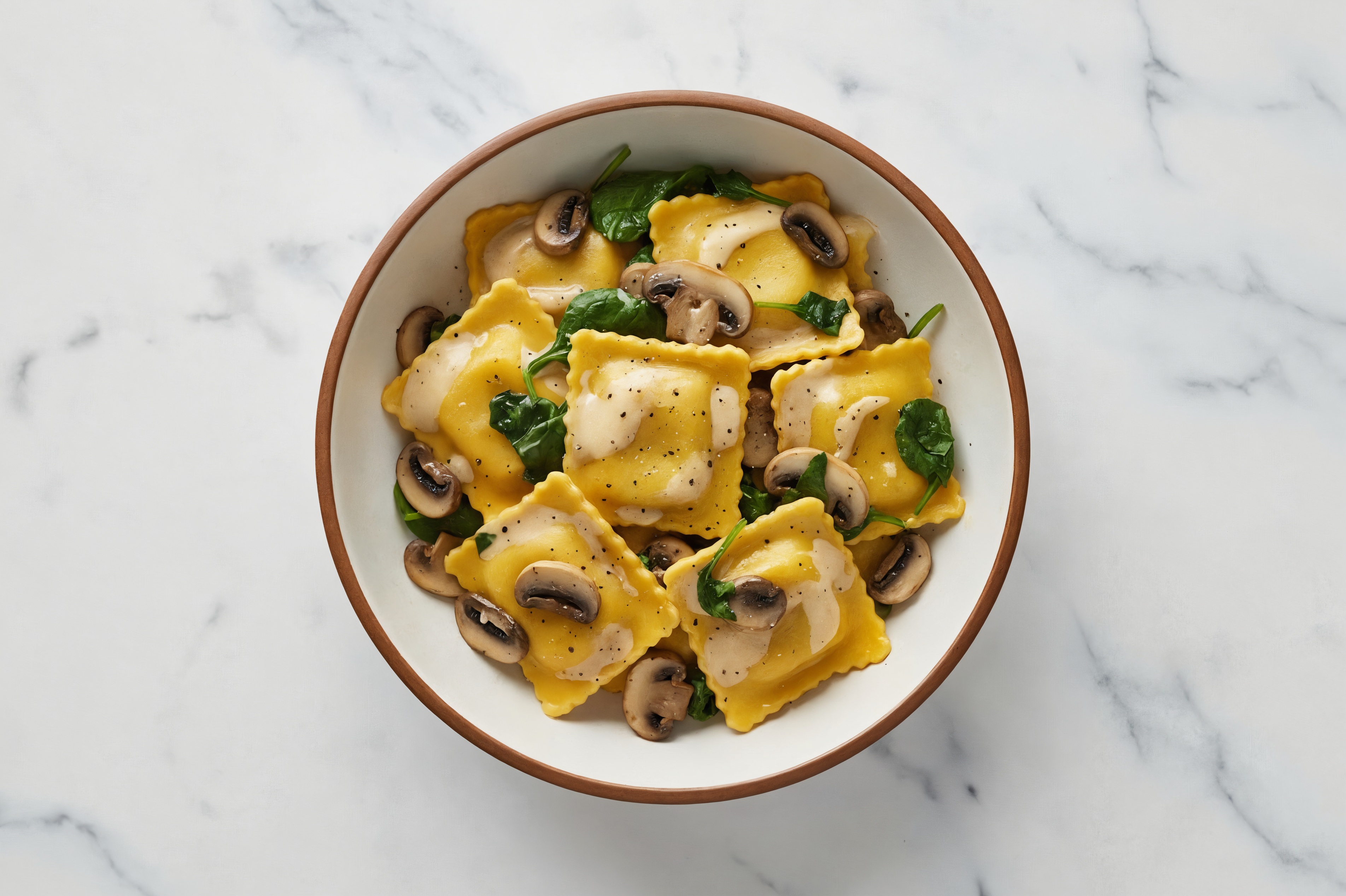 Creamy Spinach + Mushroom Beef Bolognese Ravioli