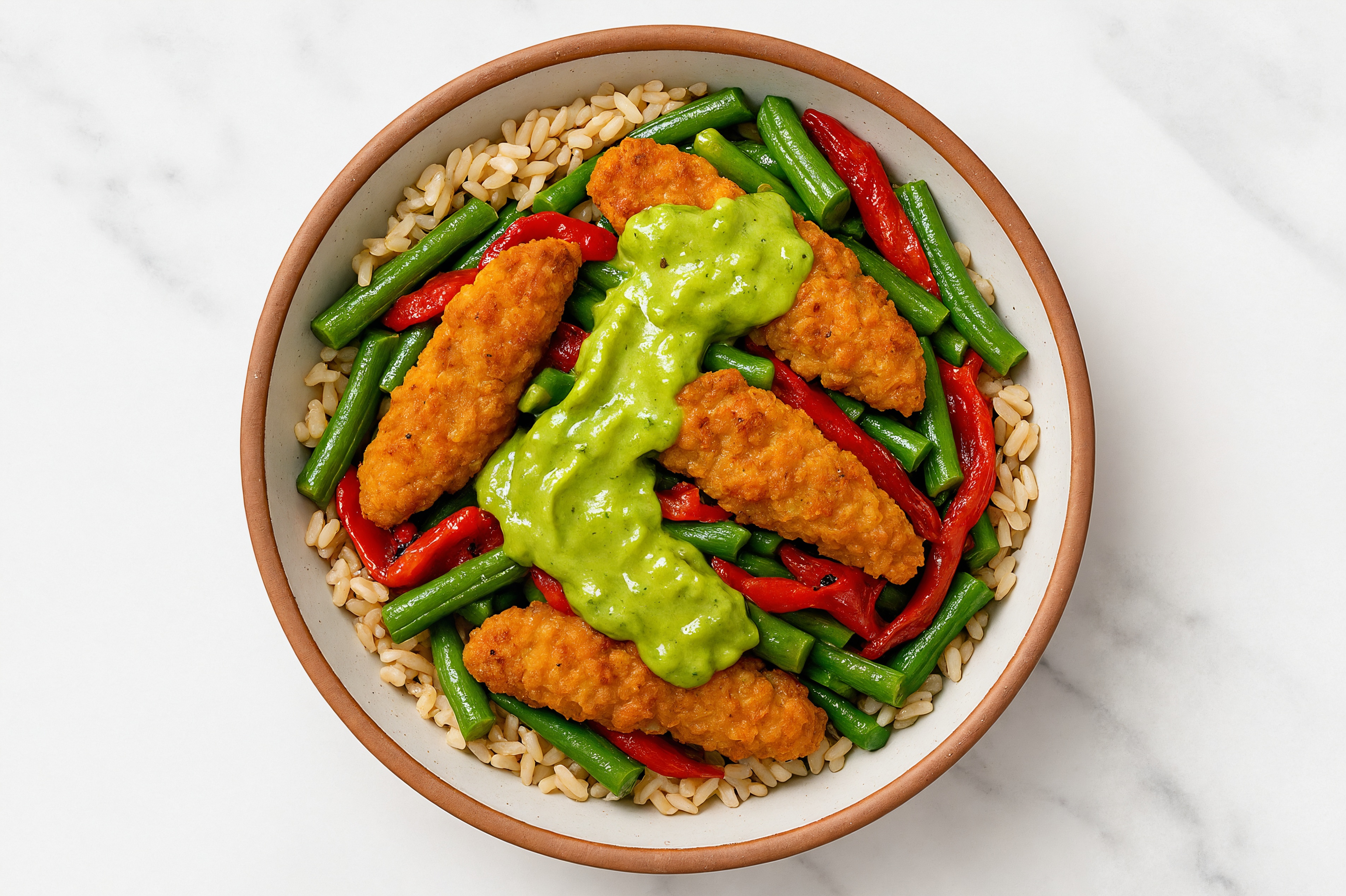 Chick'n Tenders Brown Rice Bowl with Green Beans, Peppers + Avocado