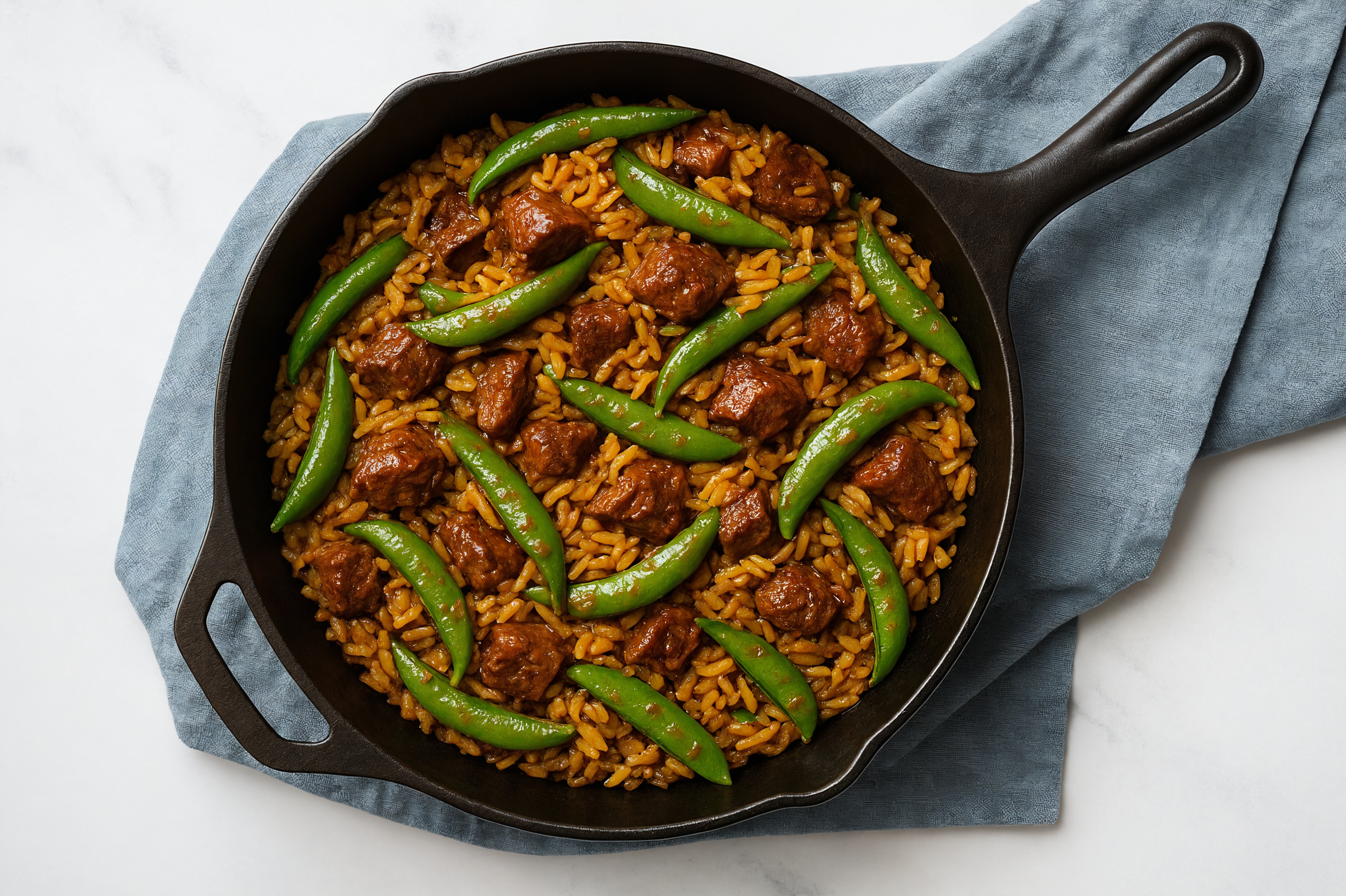 Sesame Ginger Pea Snap + Lamb Stir-Fry with Seasoned Jasmine Rice