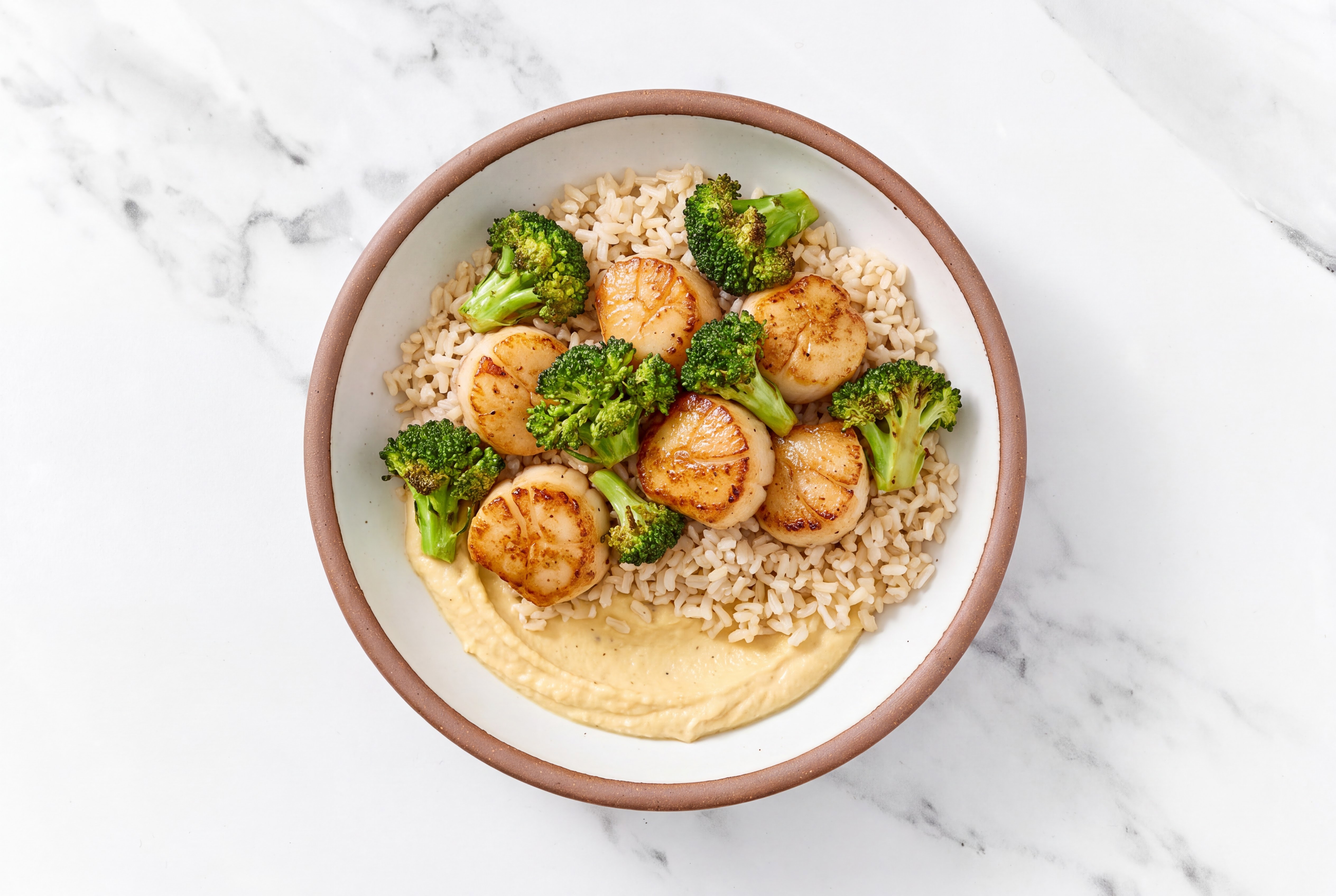 Scallop & Broccoli Grain Bowl with Onion Hummus