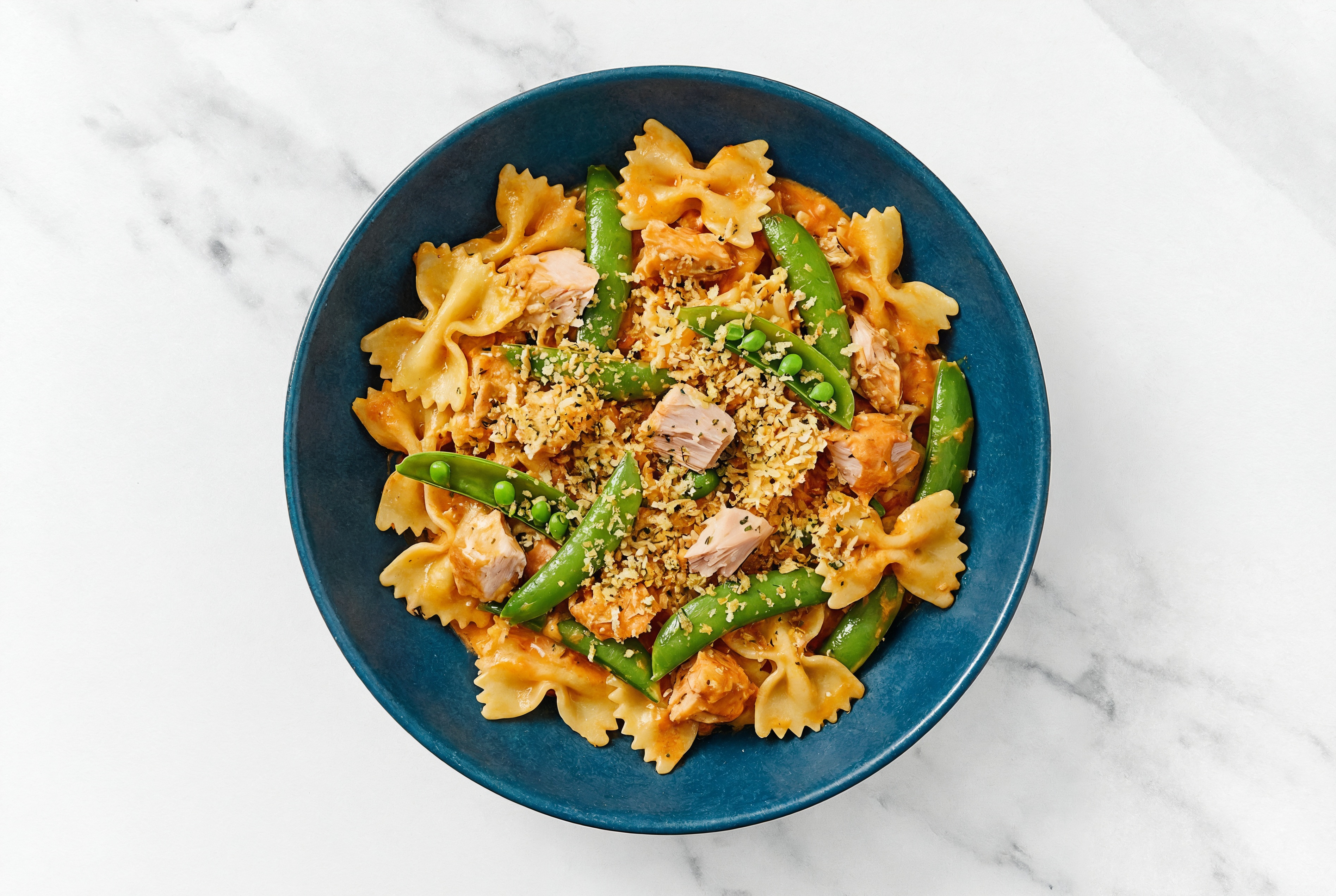 Creamy Tuna Farfalle Pasta with Snap Peas + Toasted Panko
