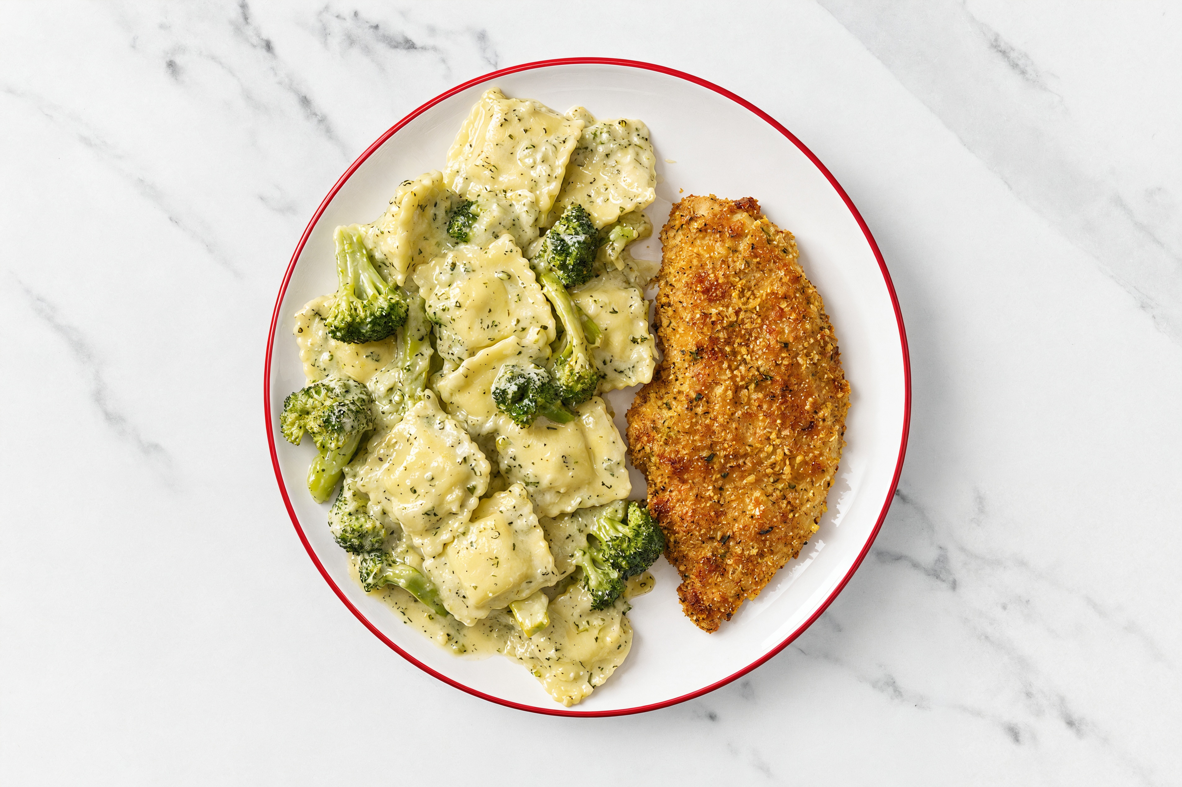 Crispy Garlic Chicken over Creamy Ravioli with Broccoli
