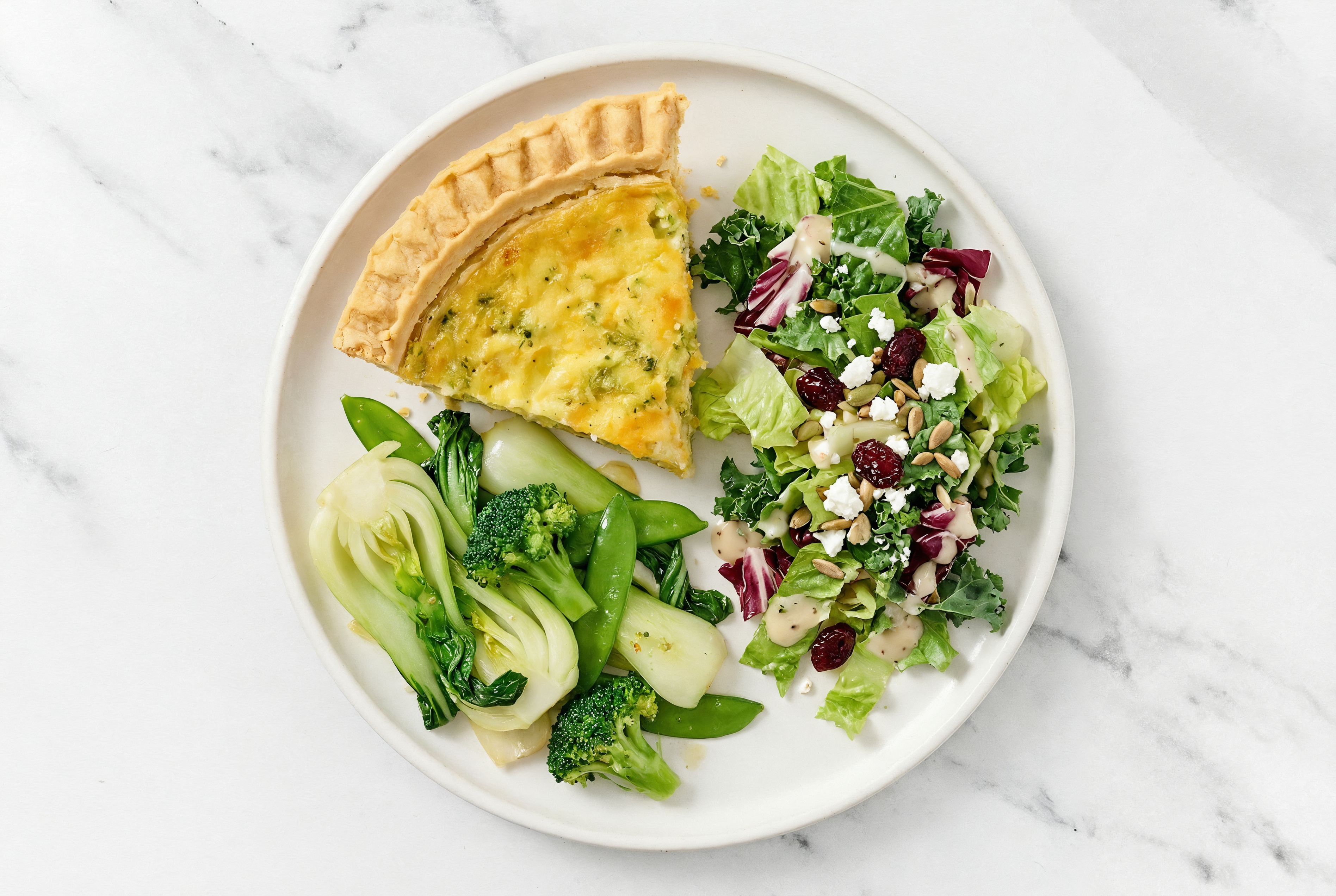 Broccoli & Cheddar Quiche with Bok Choy & Honey Citrus Salad