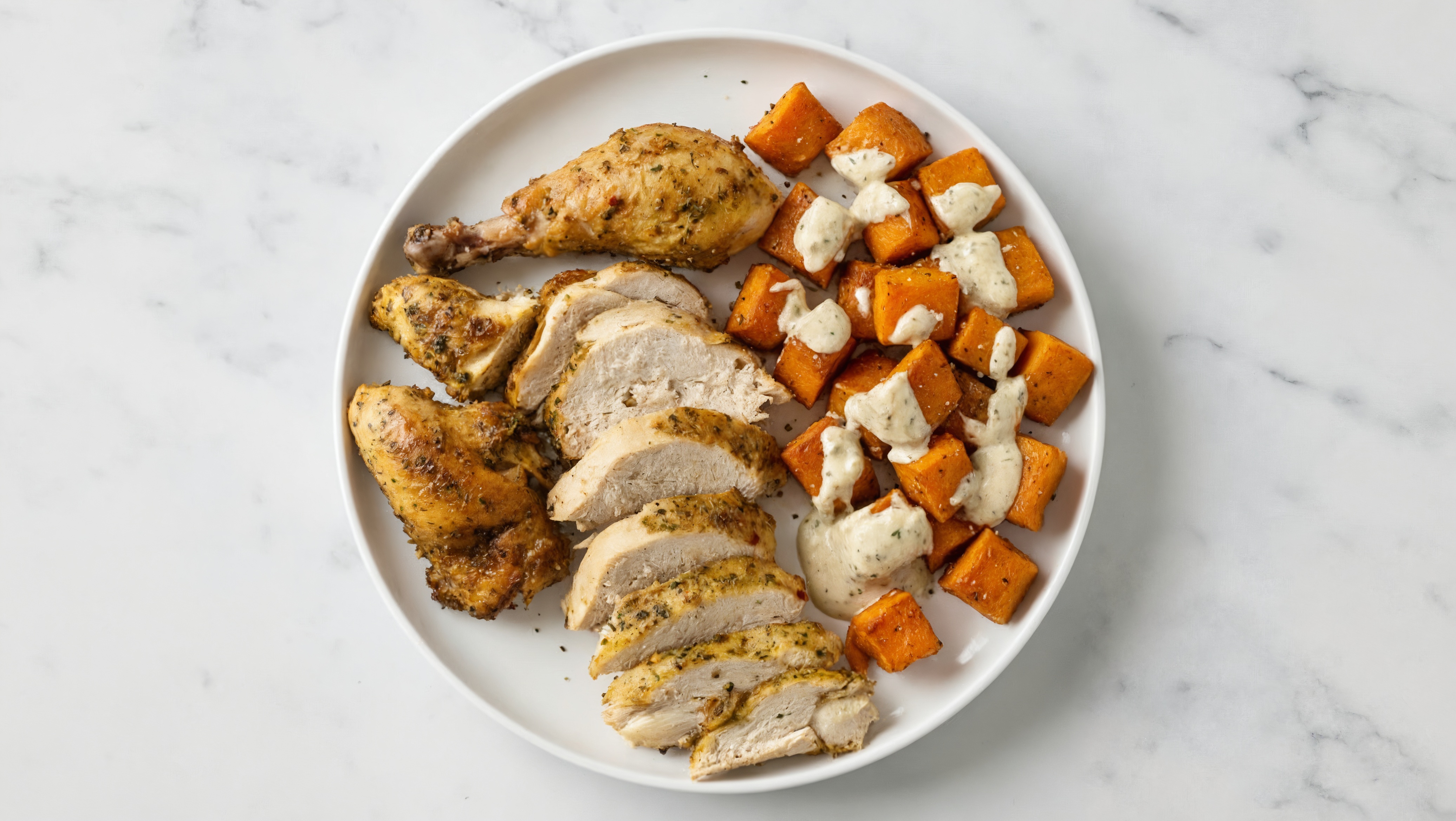 Lemon Chicken + Roasted Sweet Potatoes with Garlic Sauce