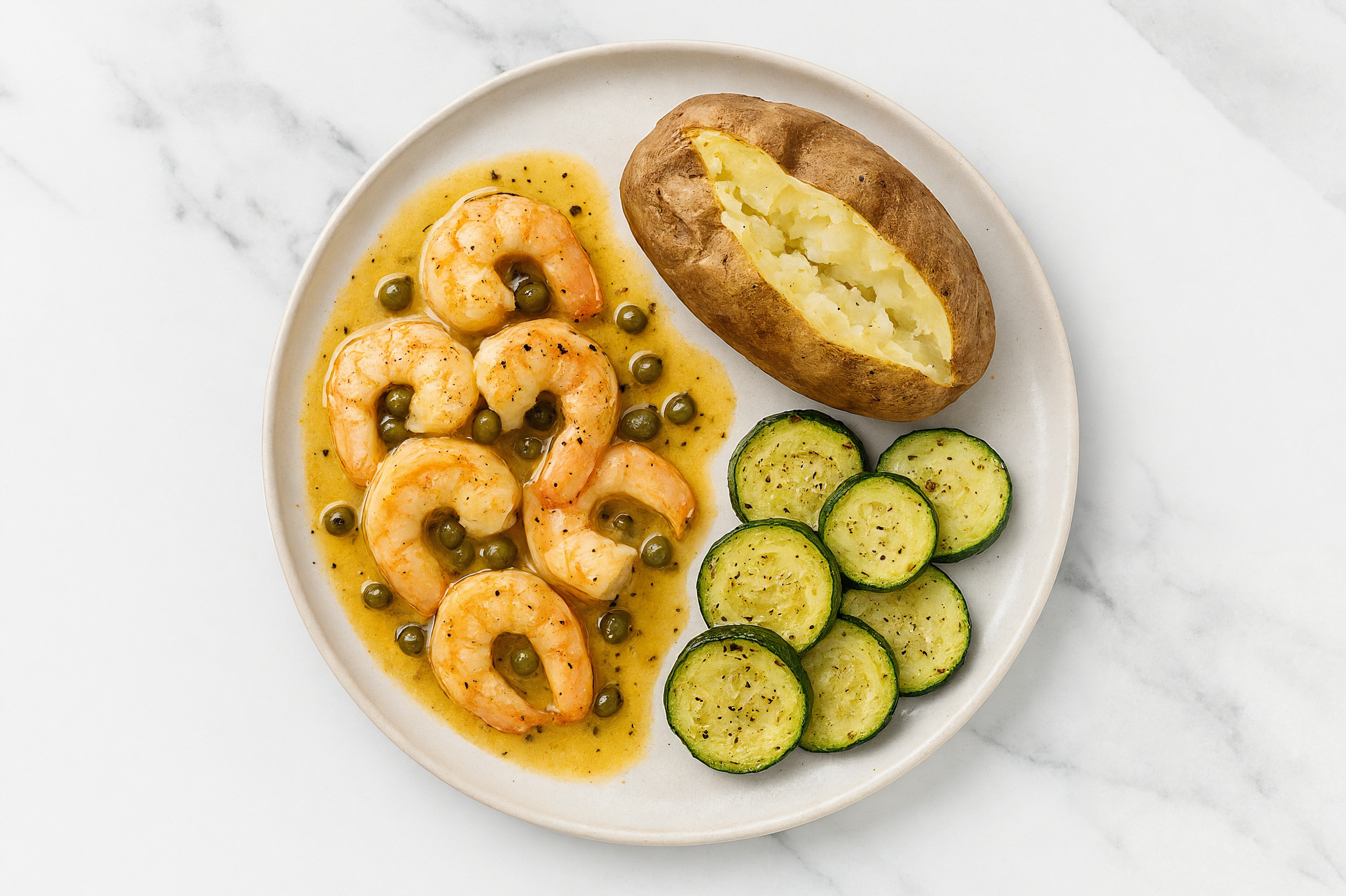Caper-Slow Churned Lemon & Peppercorn Pasture Butter Shrimp with Russet Potato & Zucchini