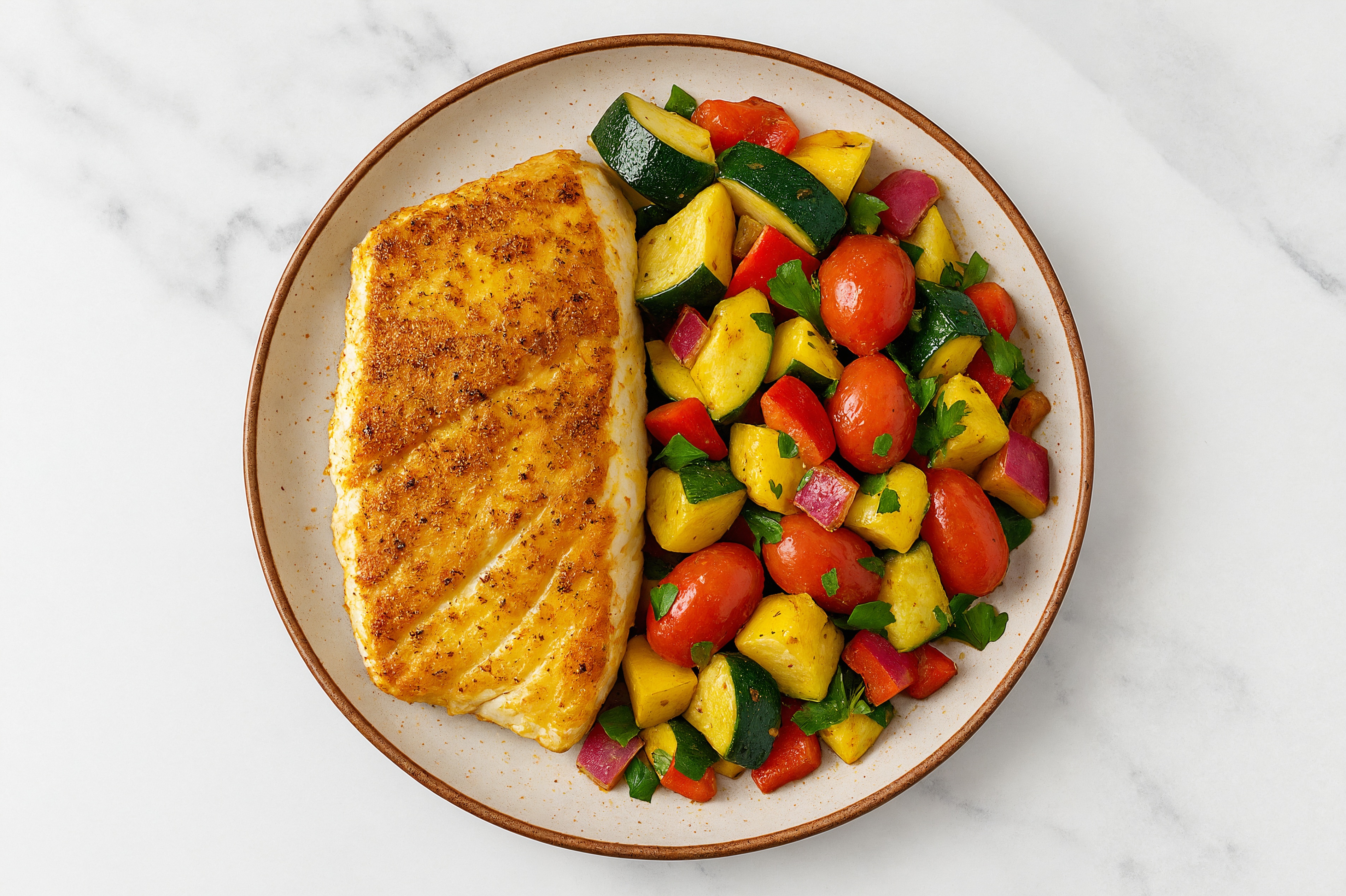 Curry Halibut + Squash Medley