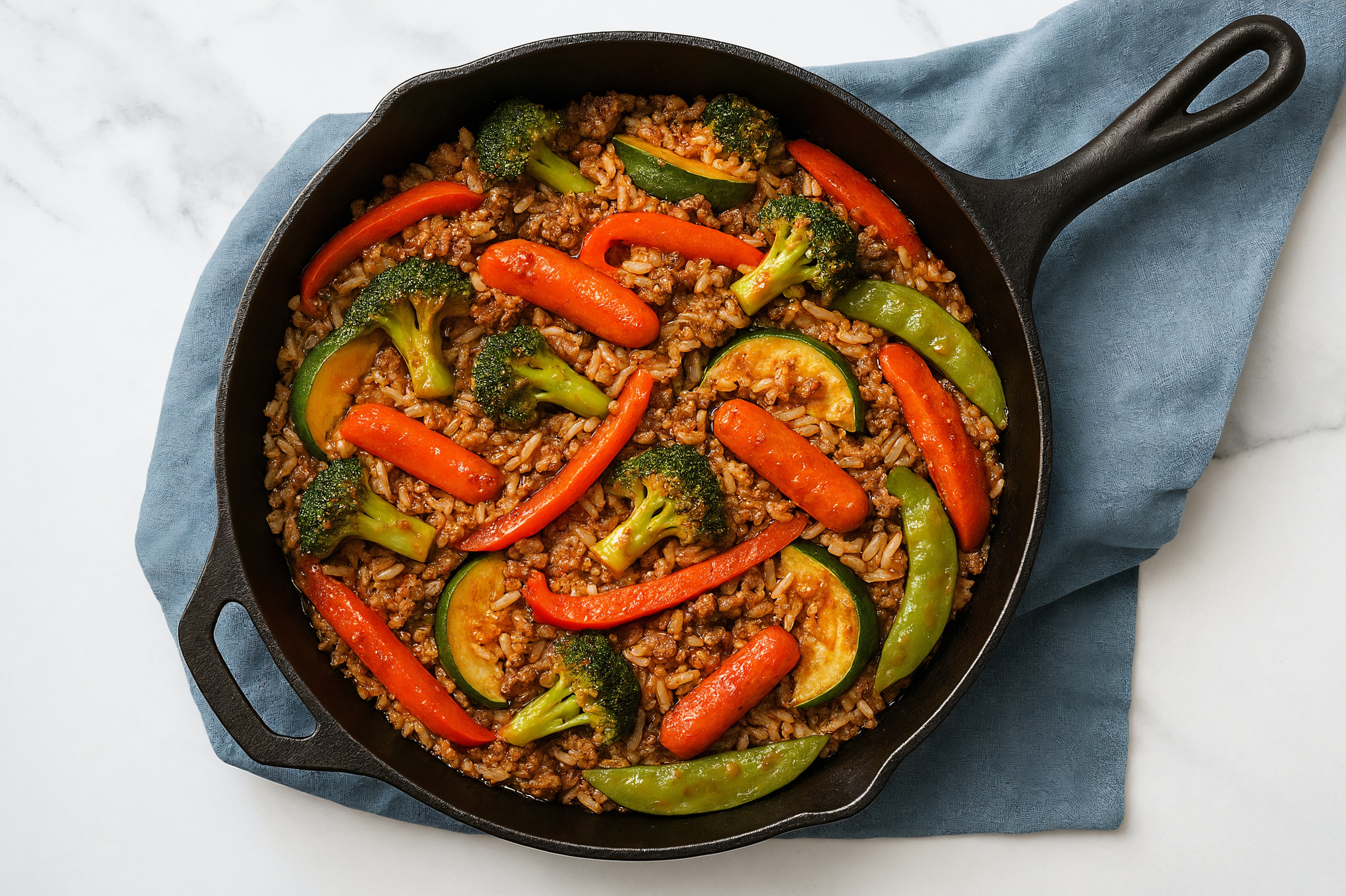 Sesame Ginger Veggie + Ground Beef Patties Stir-Fry