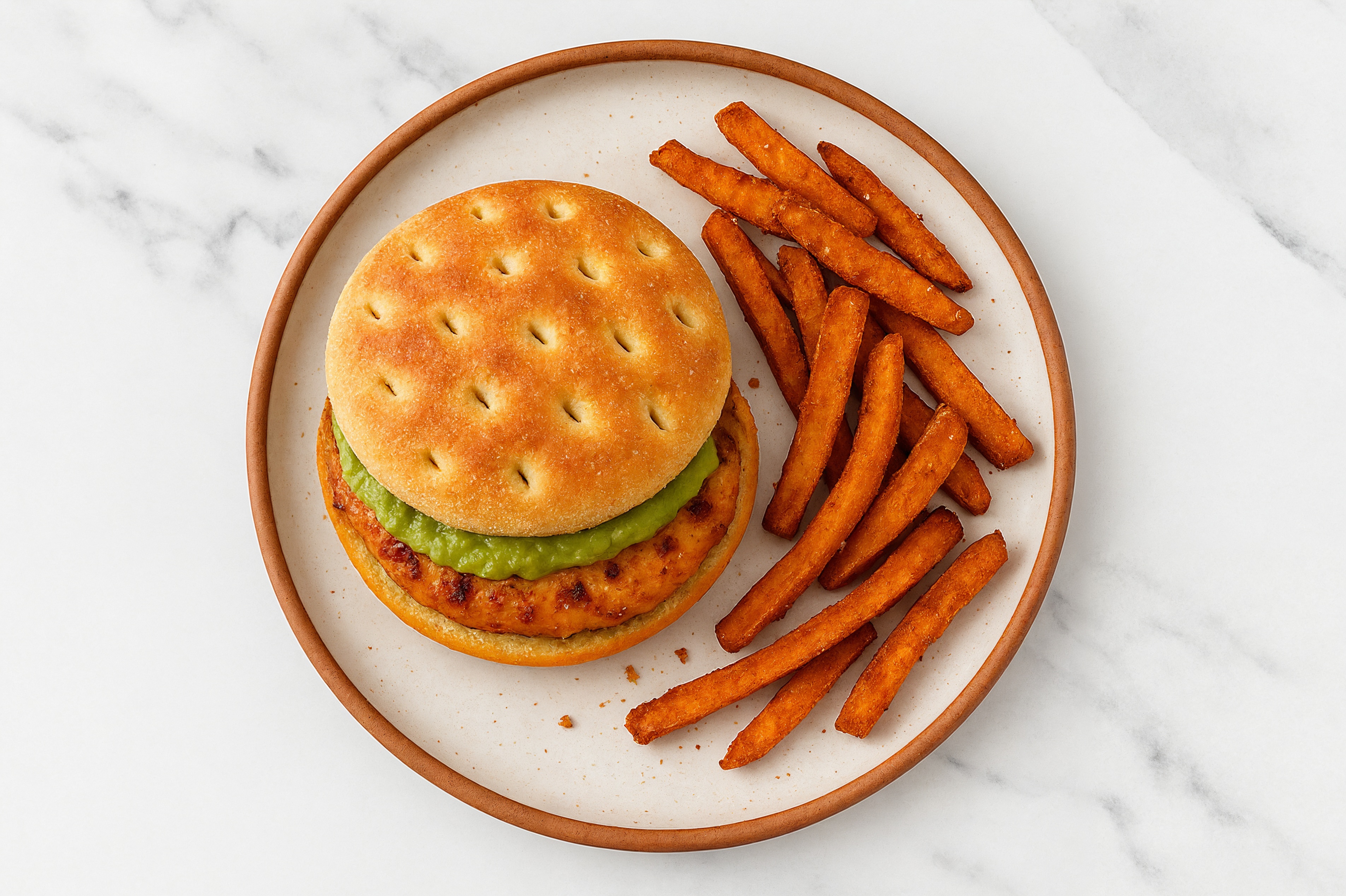 Chicken & Guac Burger with Sweet Potato Fries
