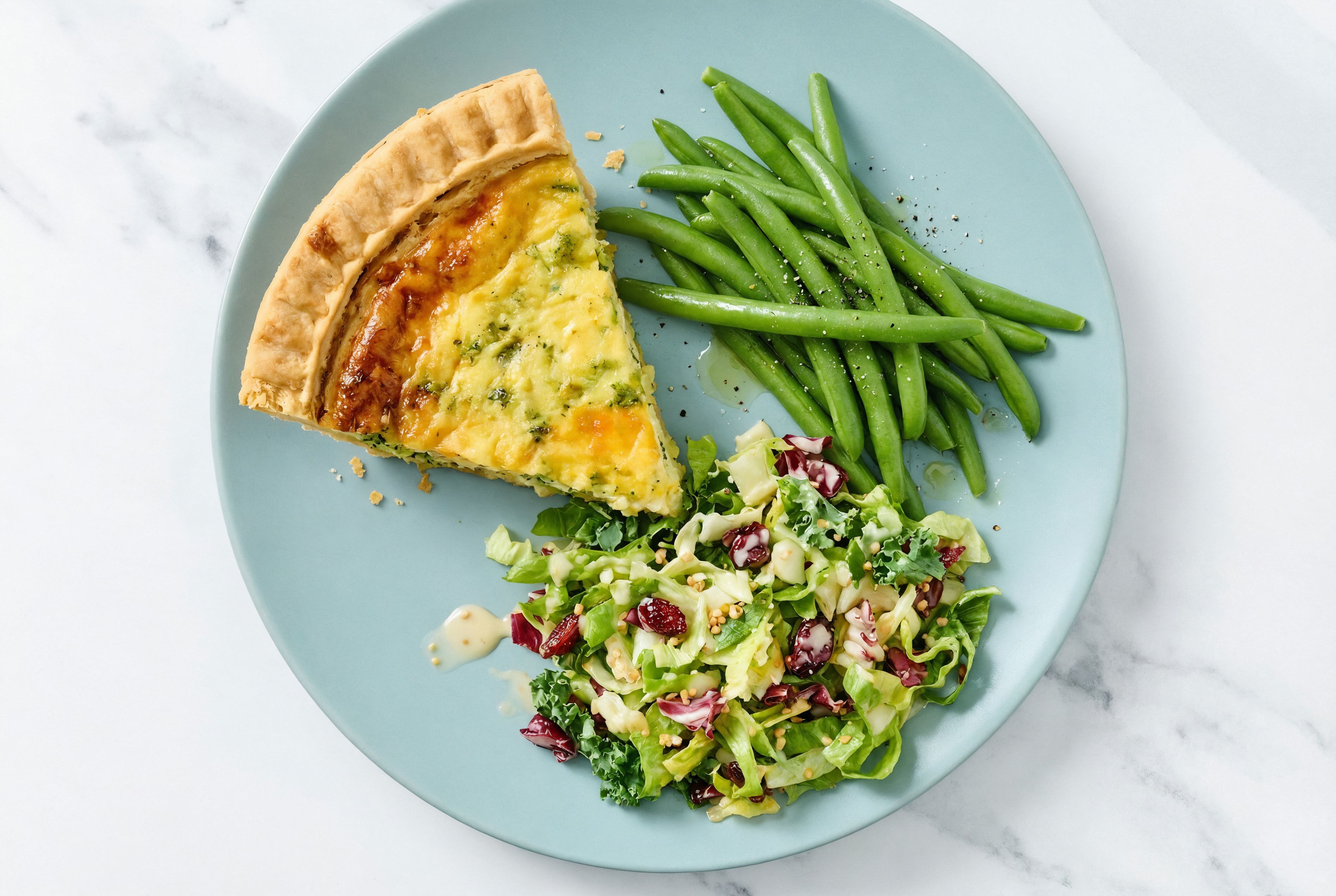 Broccoli & Cheddar Quiche with Green Beans & Honey Citrus Salad
