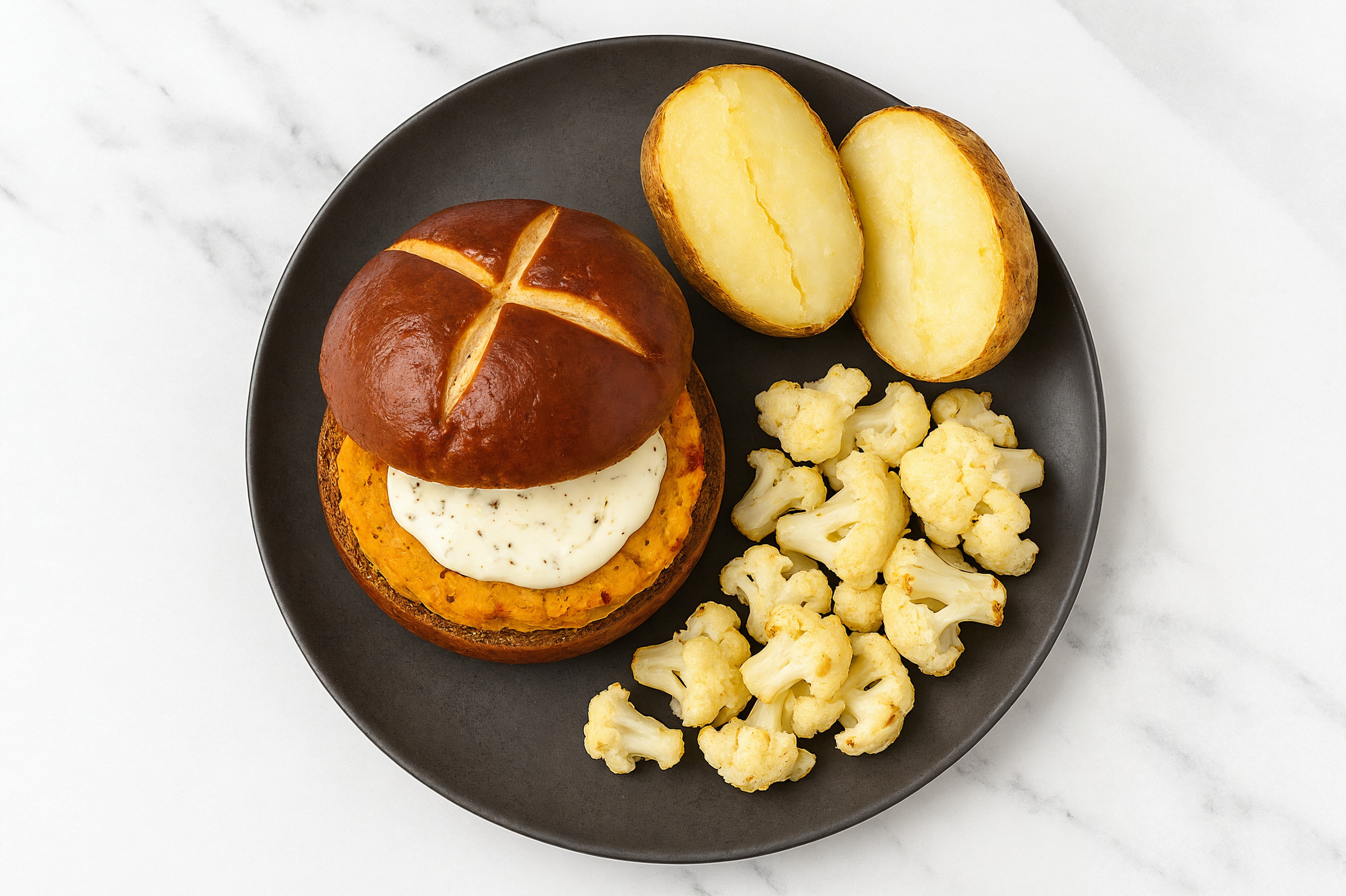 Ranch Sweet Potato Burger on Pretzel Bun with Cauliflower