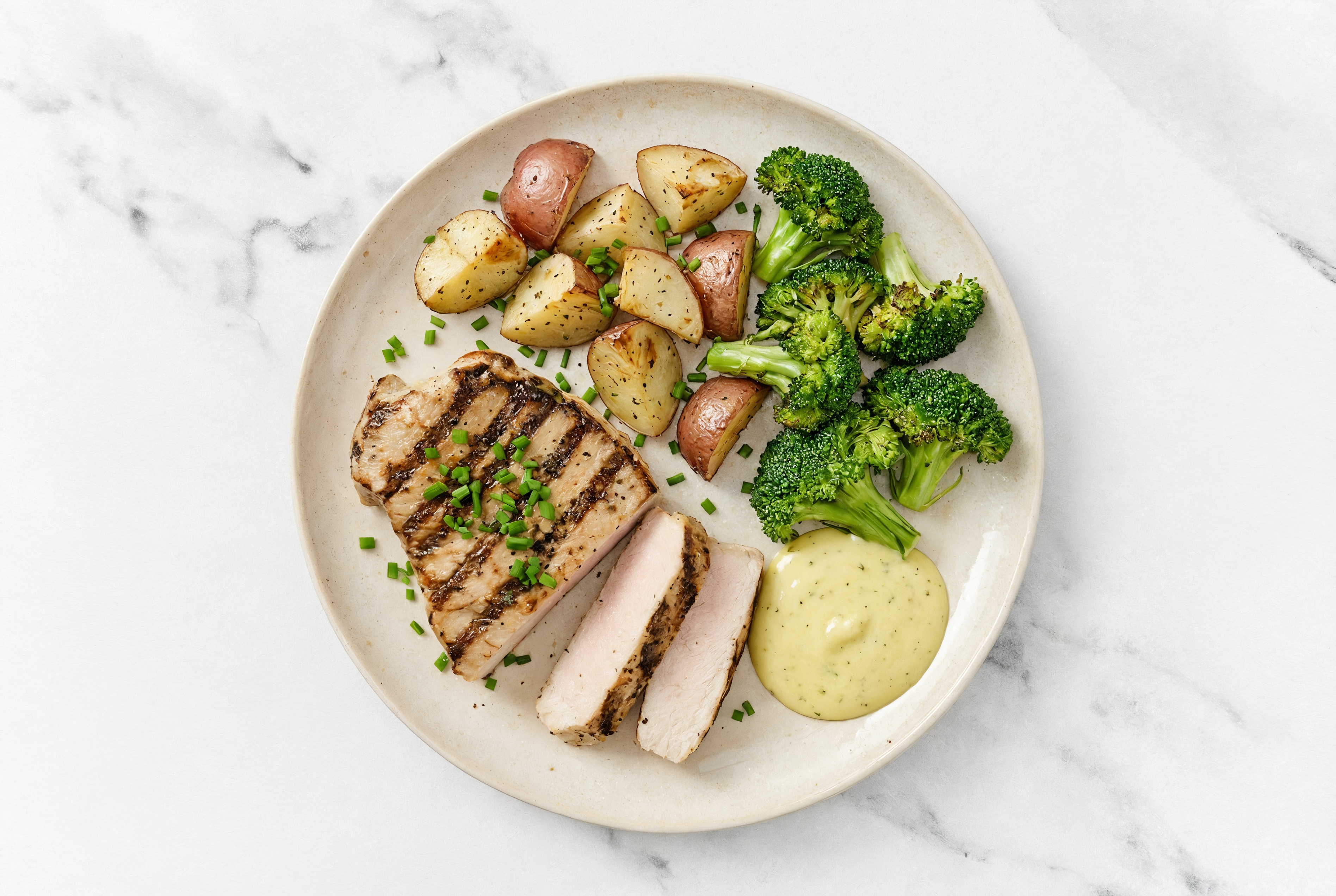 Grilled Pork Chops + Red Potatoes, Chives, Honey Mustard Sauce + Broccoli