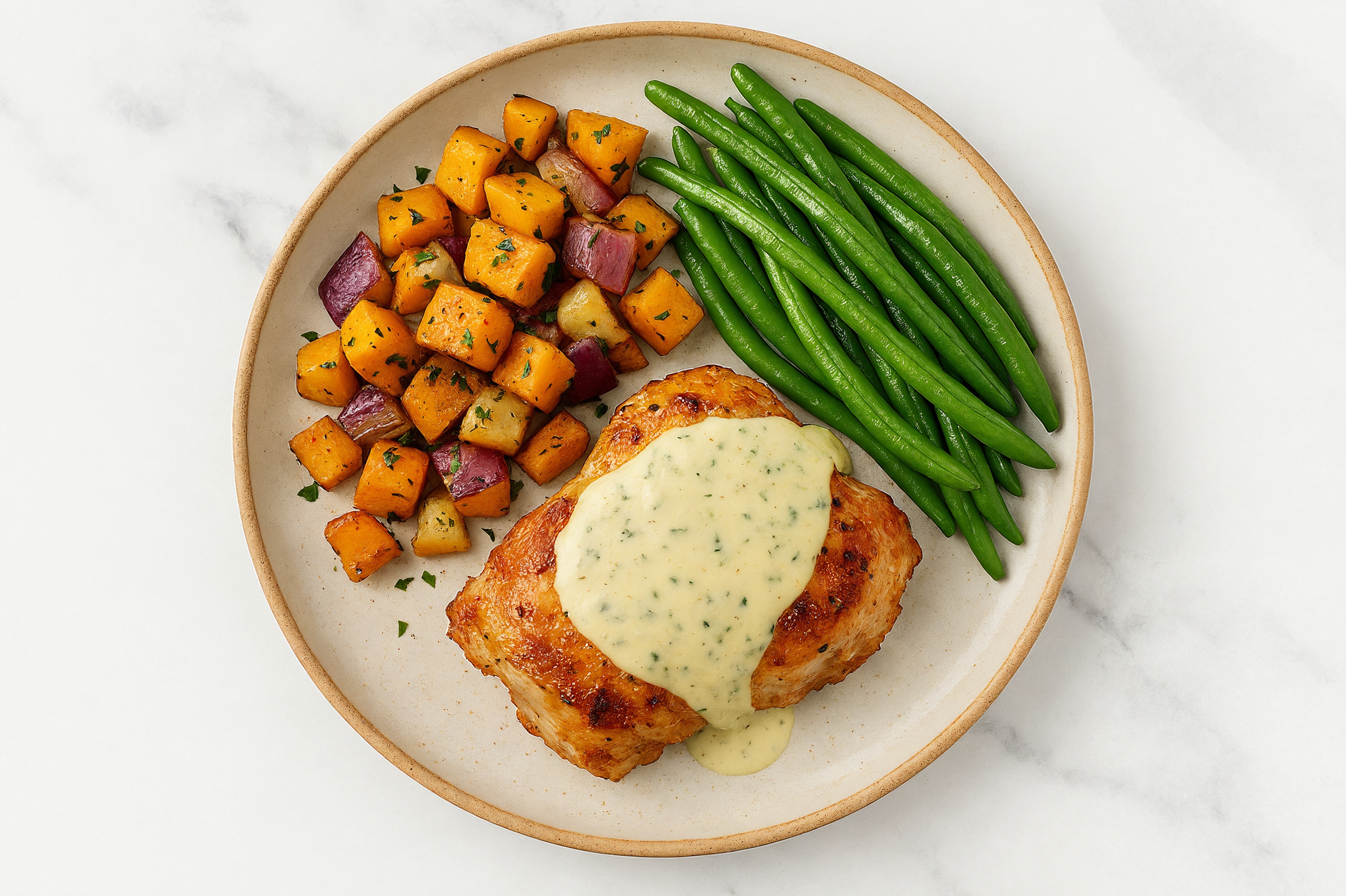 Creamy Herb Smothered Chicken Thighs with Green Beans & Roasted Vegetables
