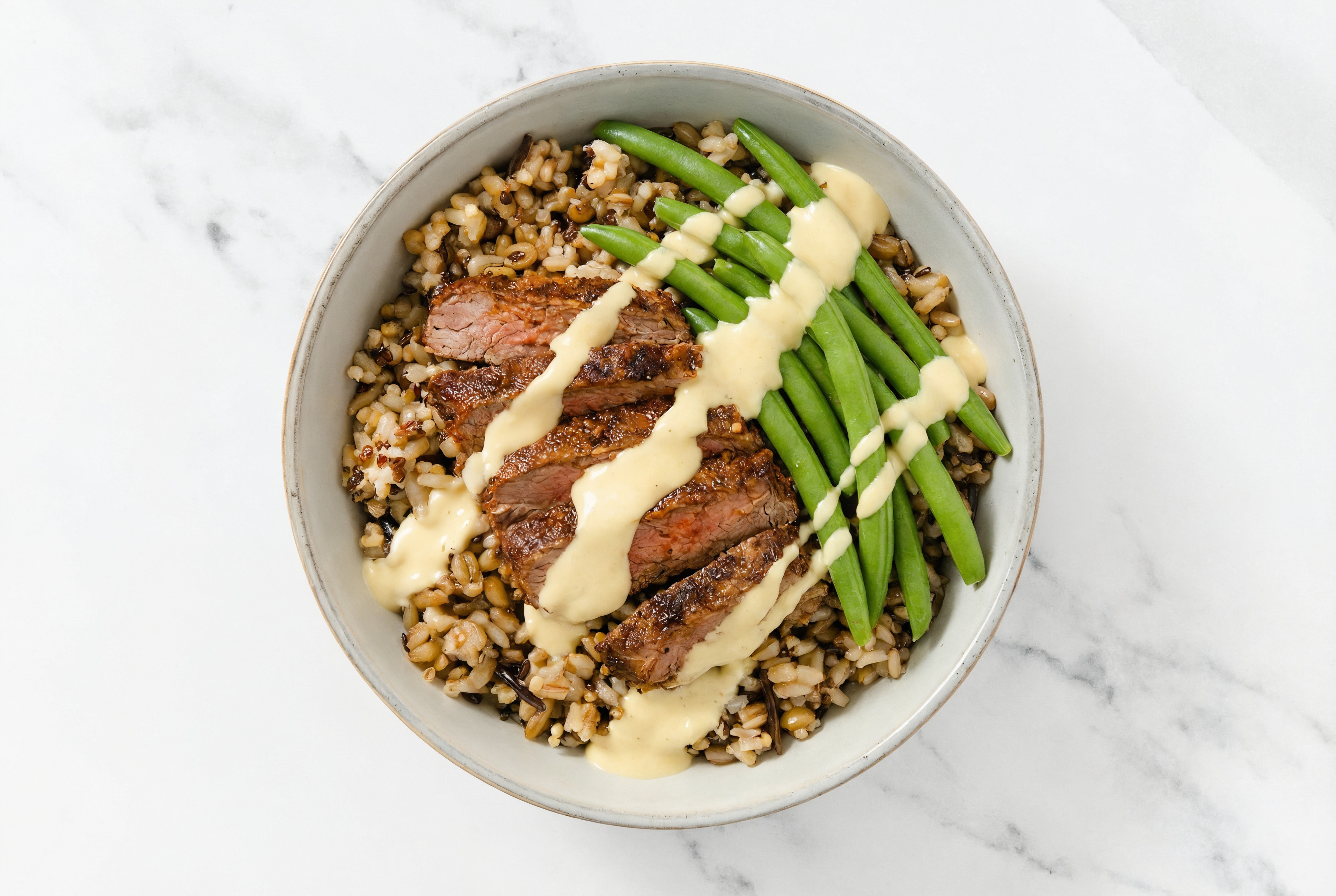 Flank Steak & Green Bean Grain Bowl with Cashew Queso
