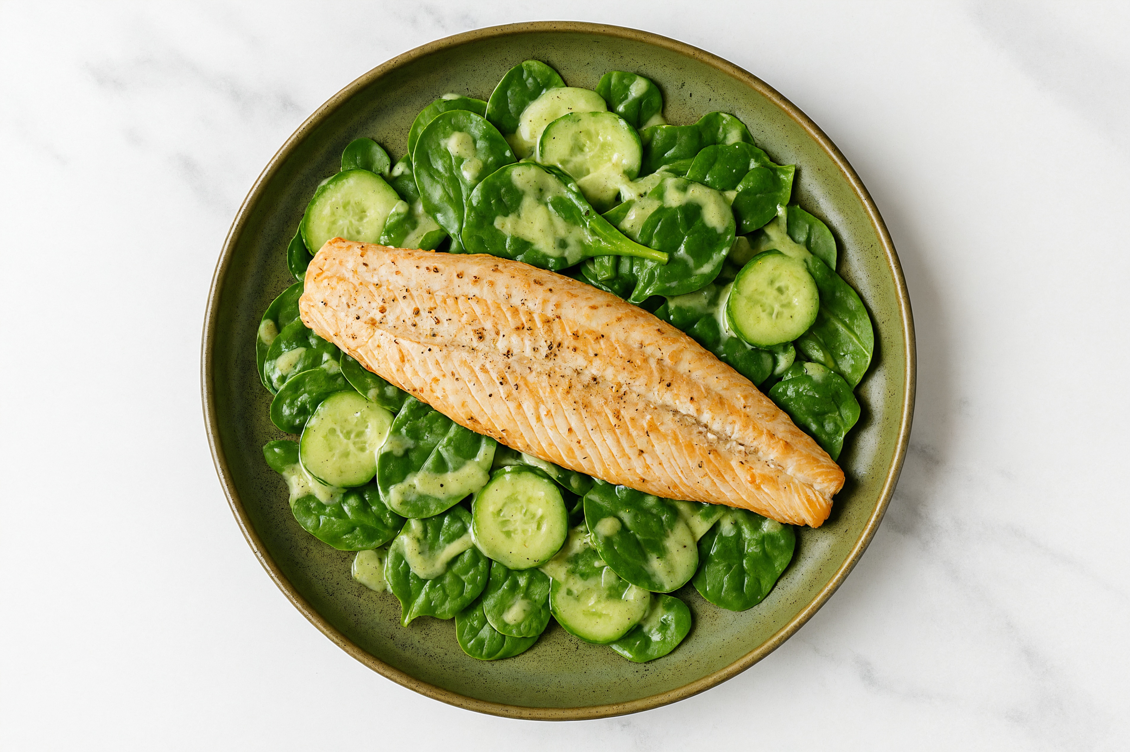 Baby Spinach Salad with Trout, Cucumber & Green Goddess Dressing