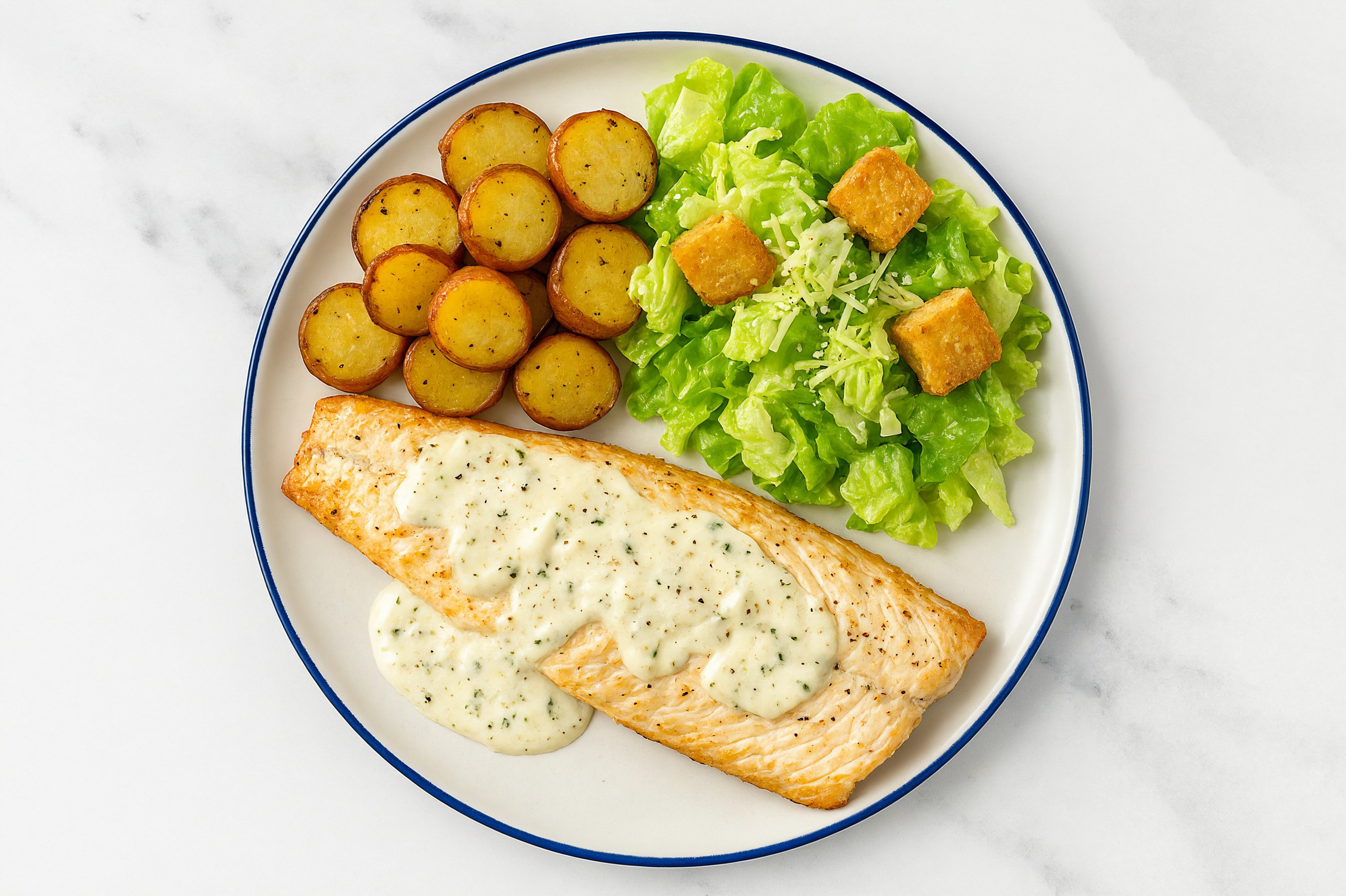 Creamy Garlic Sheet Pan Trout & Creamer Potatoes with Caesar Salad
