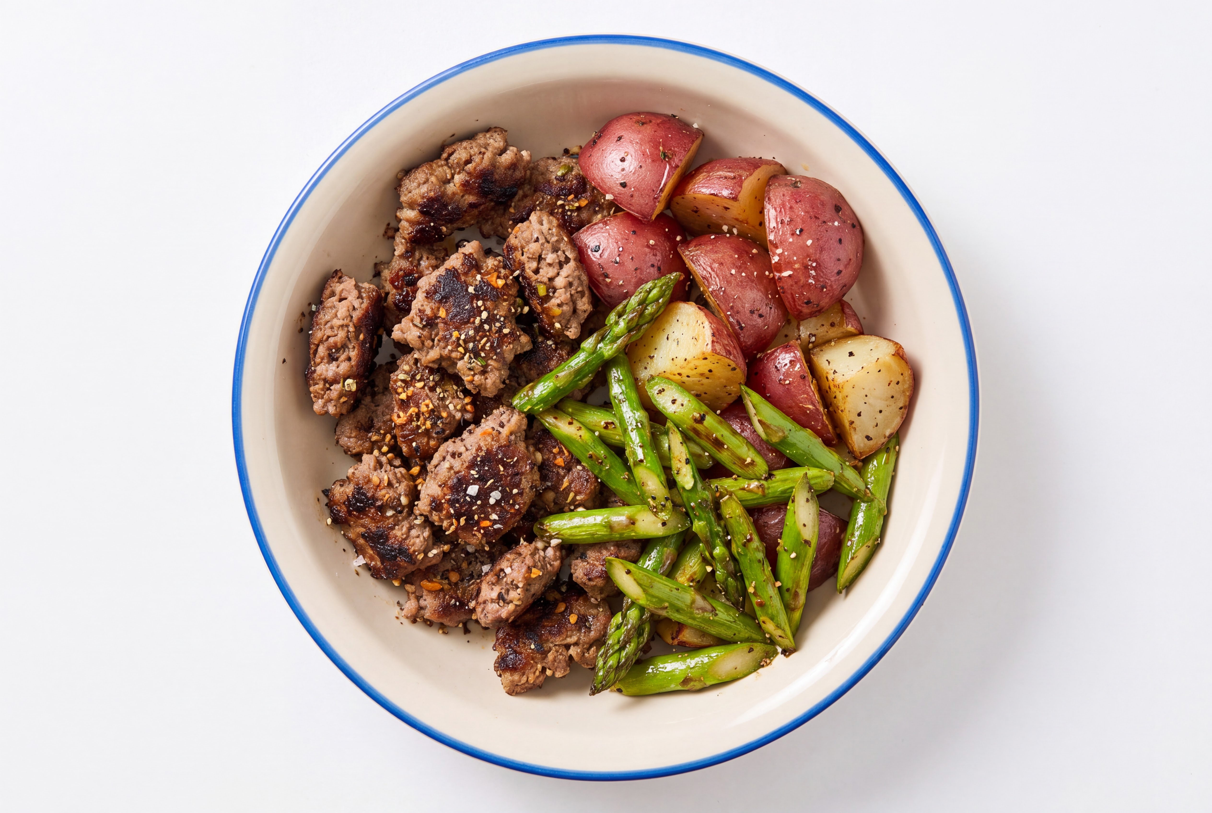 Honey Herb Ground Beef Bowl with Asparagus + Red Potatoes