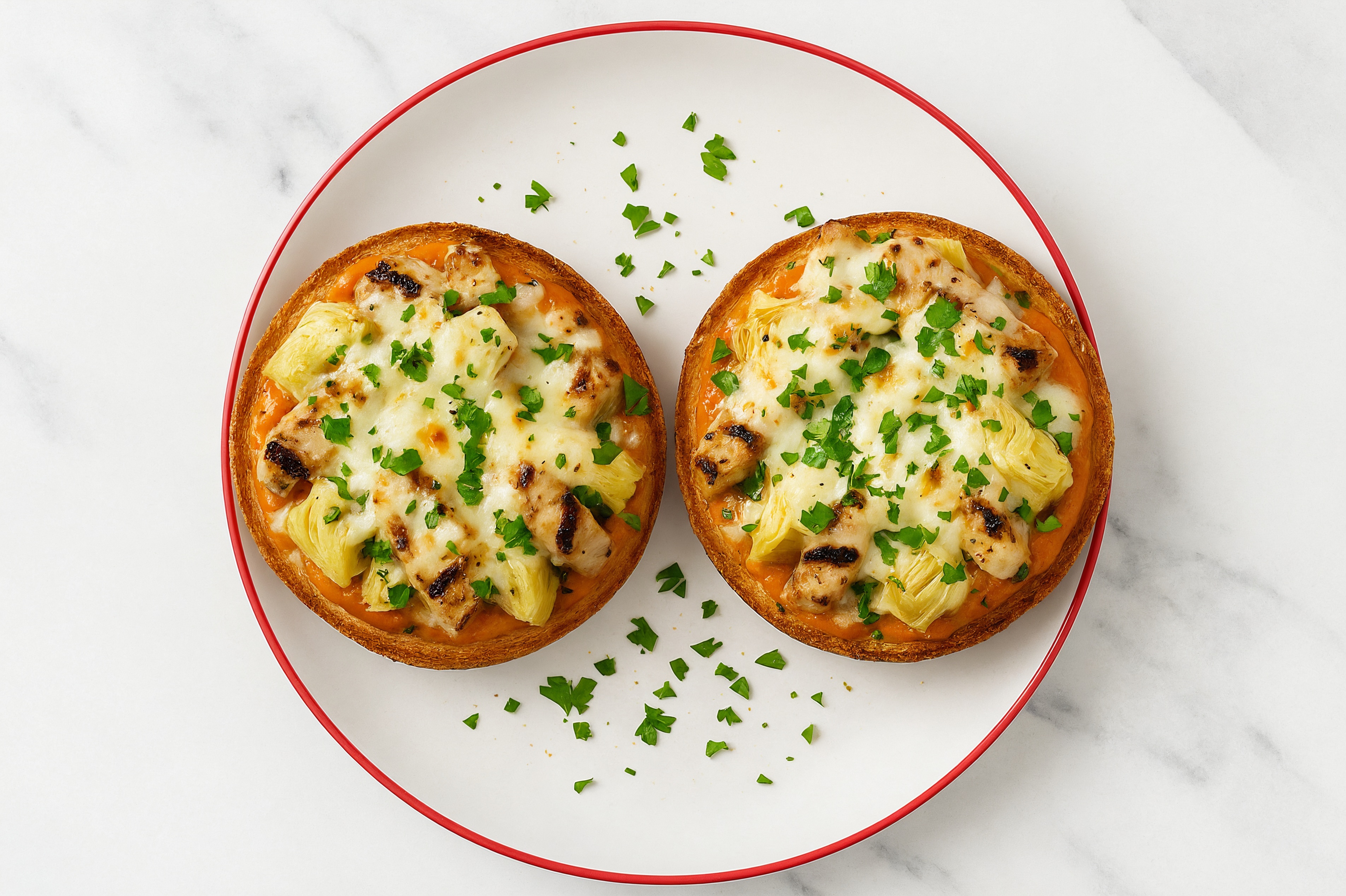 Creamy Pork + Artichoke Pizza Gluten-Free Plain Bagels with Parsley