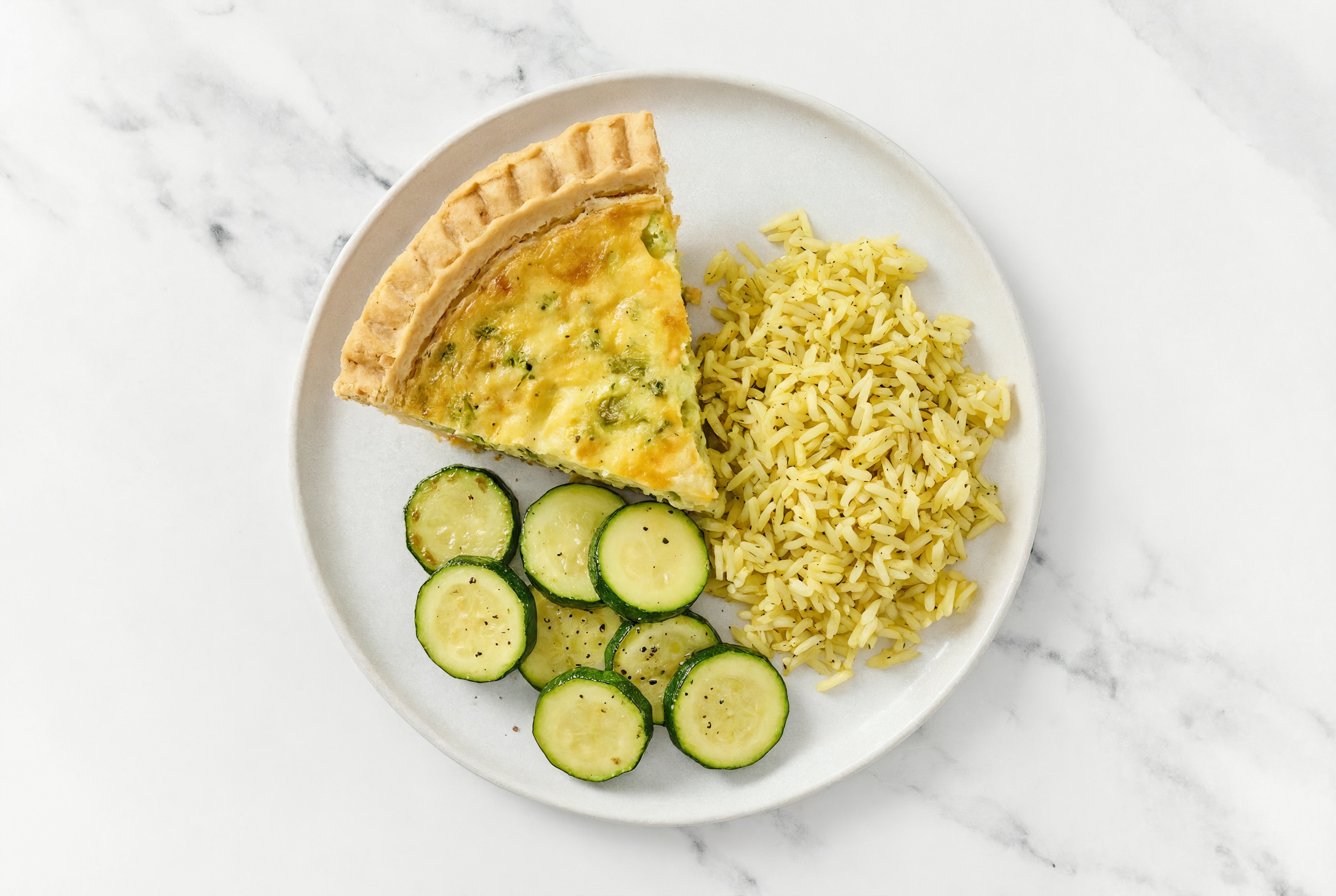 Broccoli & Cheddar Quiche with Zucchini & Jasmine Rice