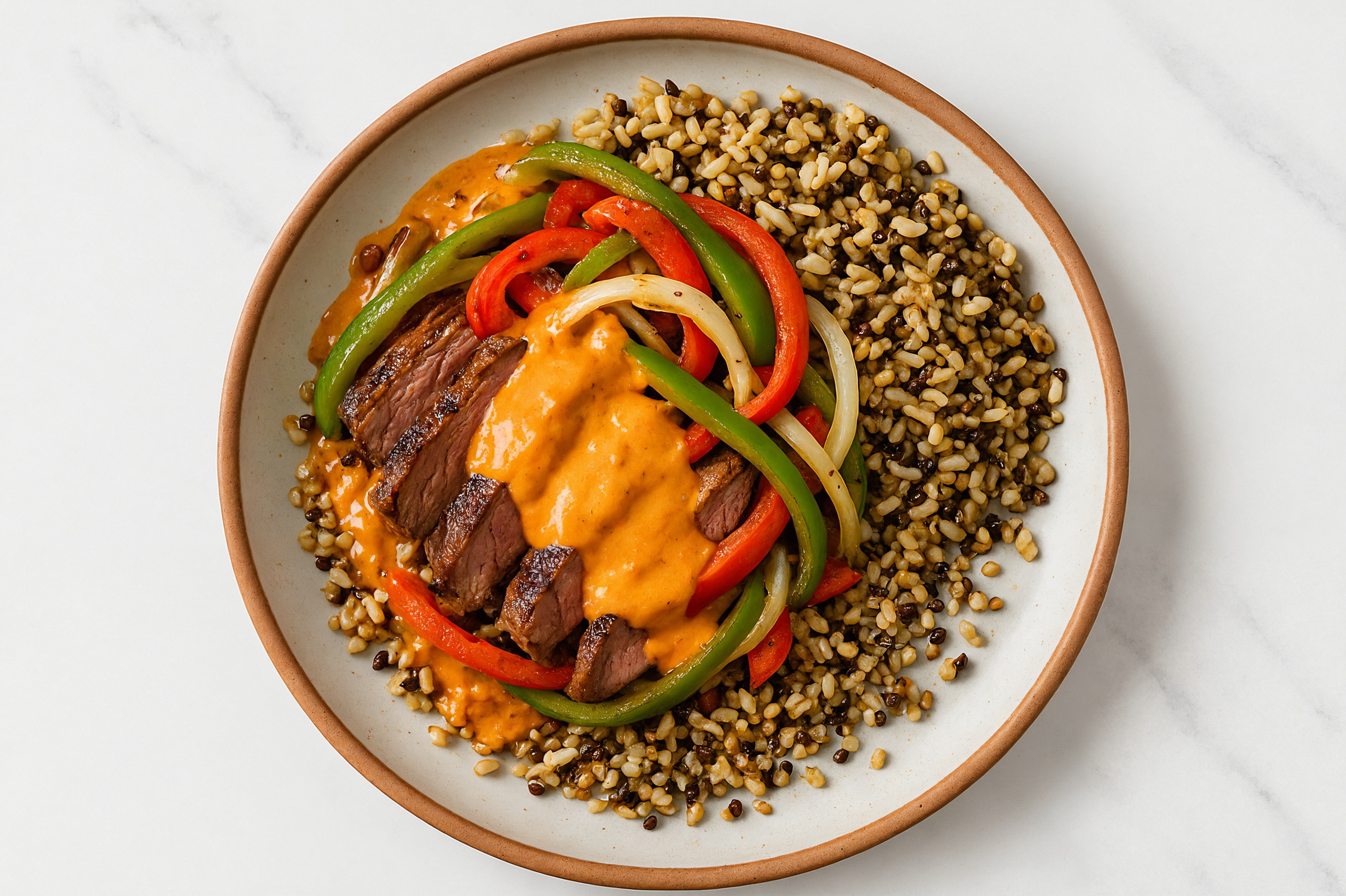 Strip Steak & Veggie Grain Bowl with Creamy Vodka Sauce