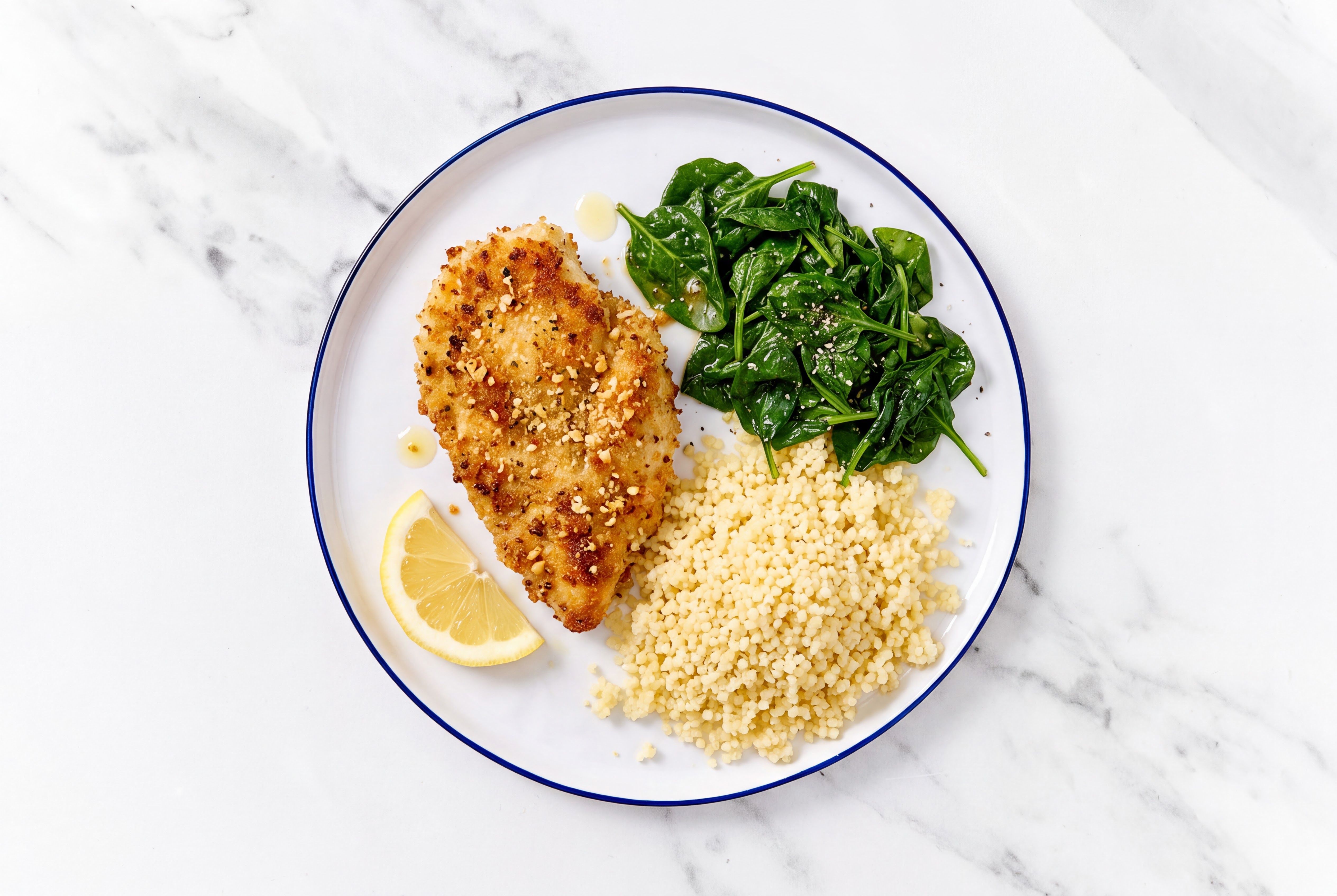 Lemon Parmesan Breaded Chicken Cutlet with Baby Spinach & Couscous