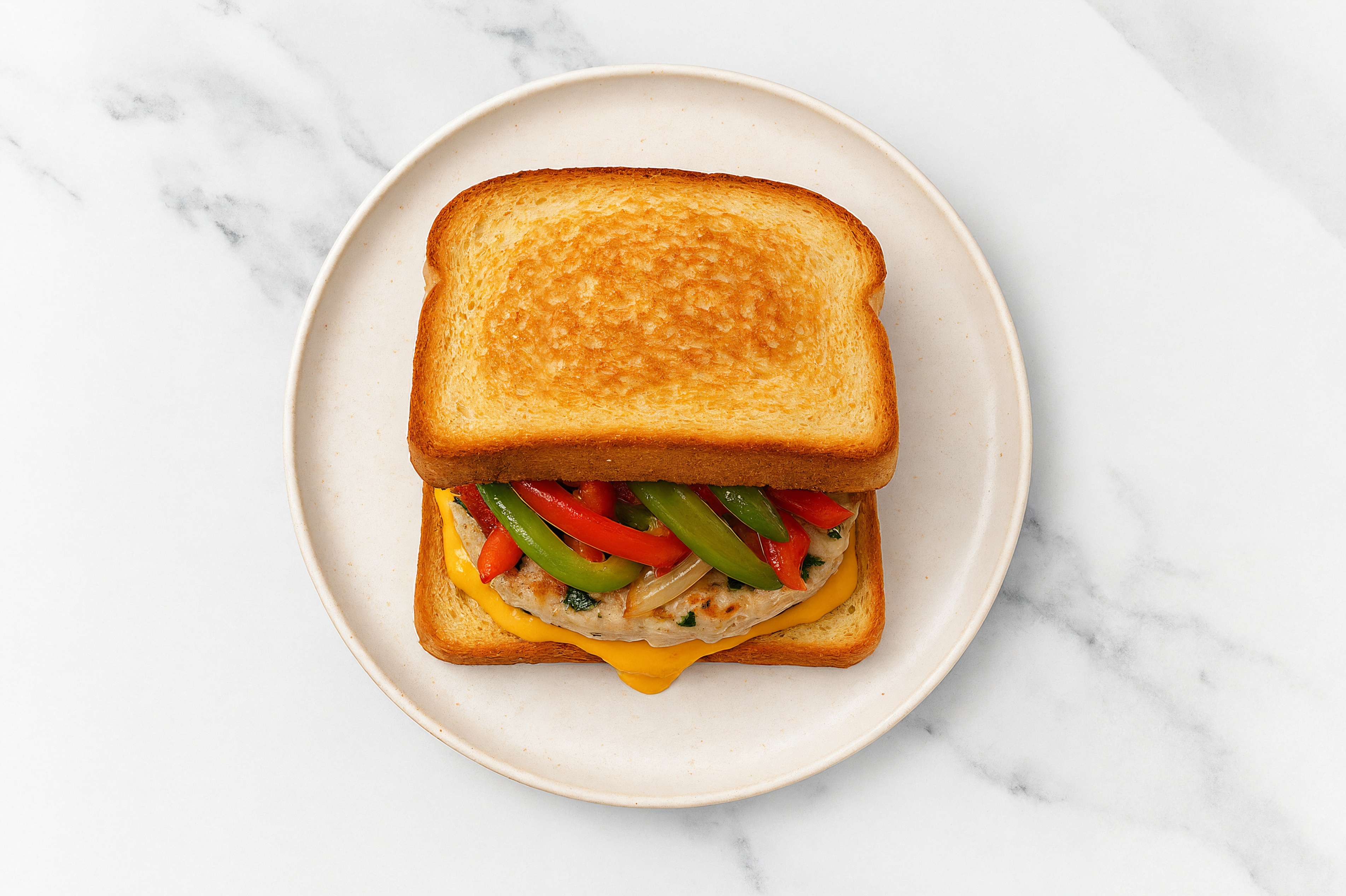 Onion + Pepper Chicken Burger on GF Bread with Special Sauce