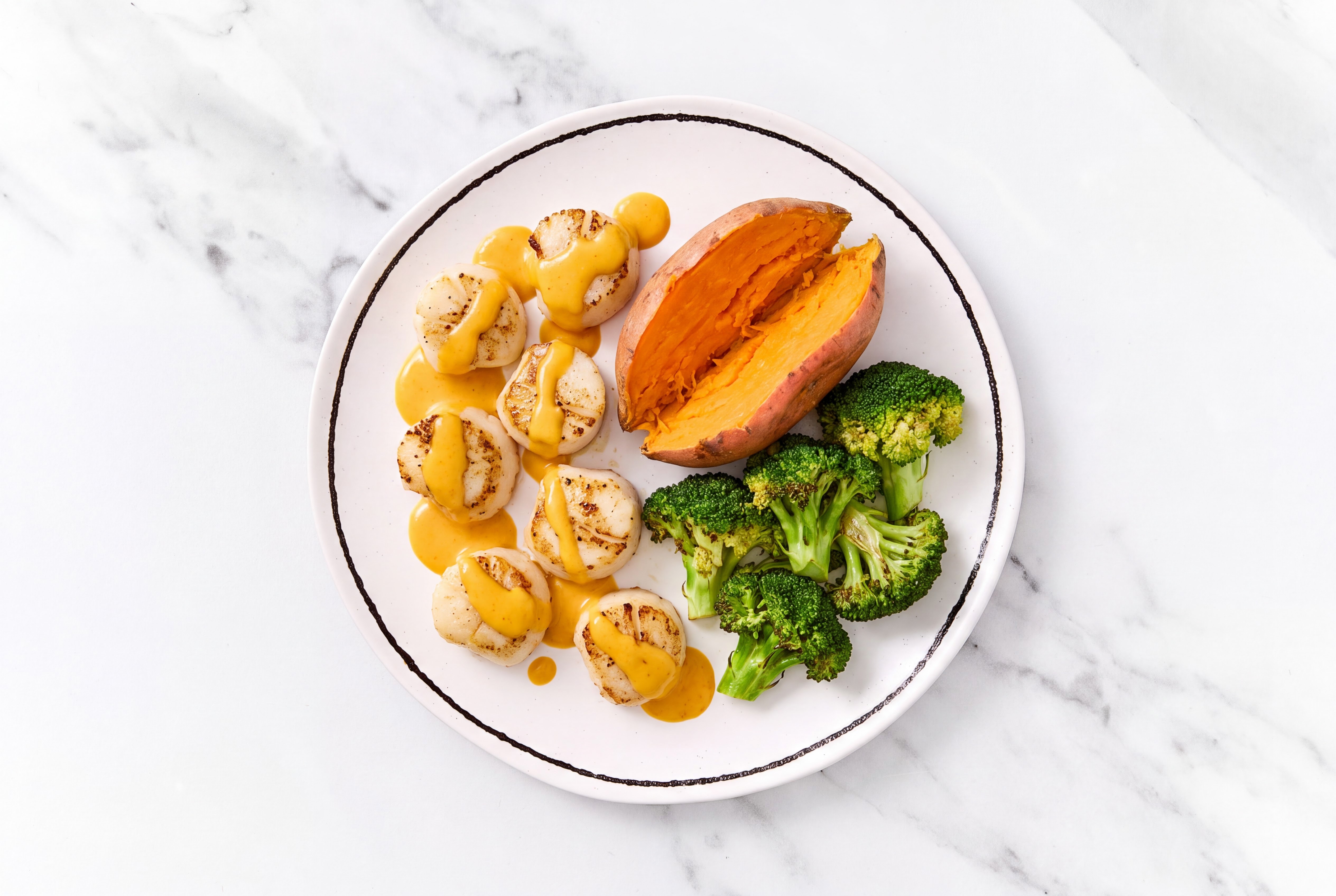 Super Special Jumbo Scallops with Sweet Potato & Organic Broccoli