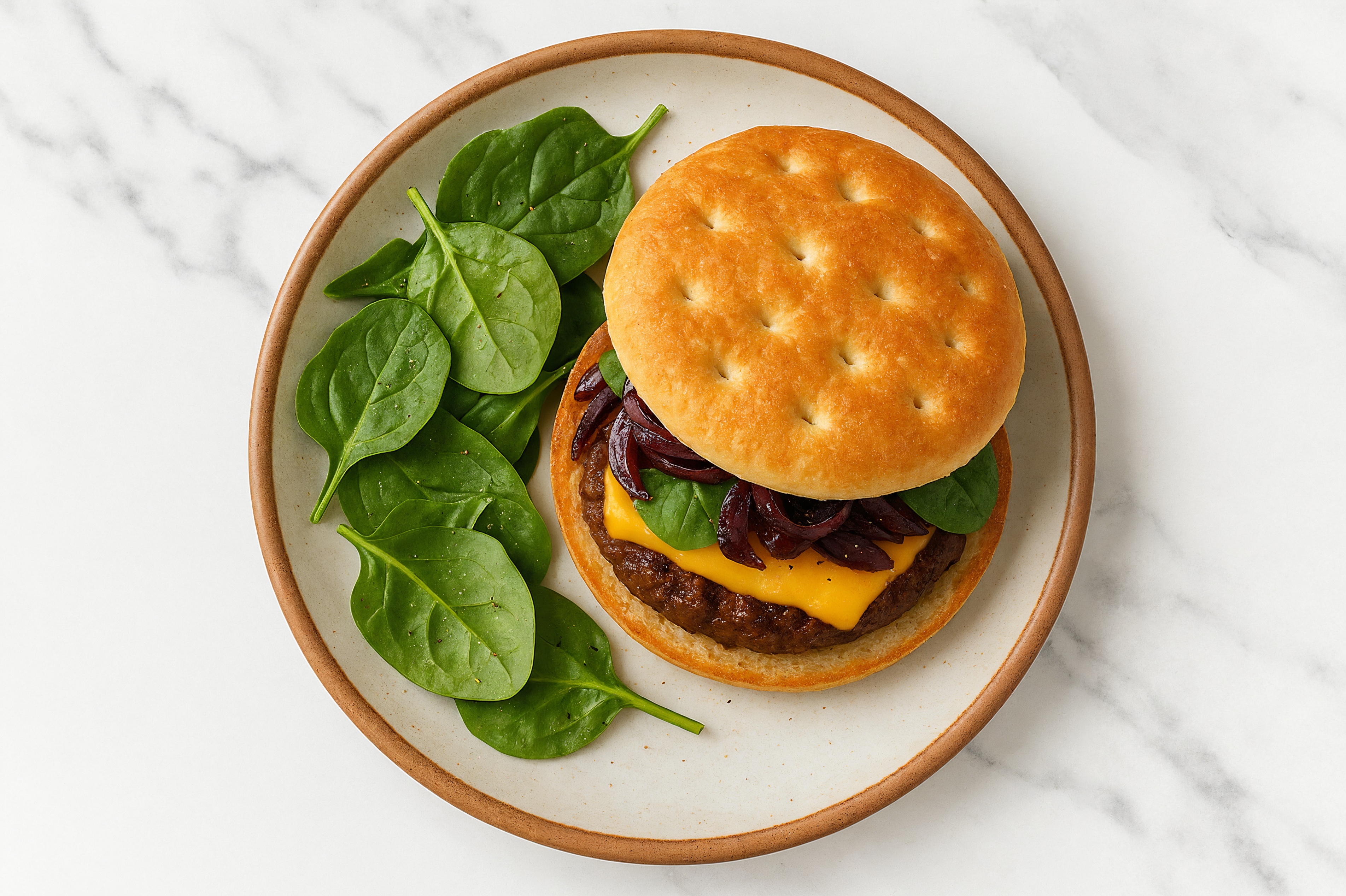 Caramelized Brisket Cheeseburger with Spinach Salad