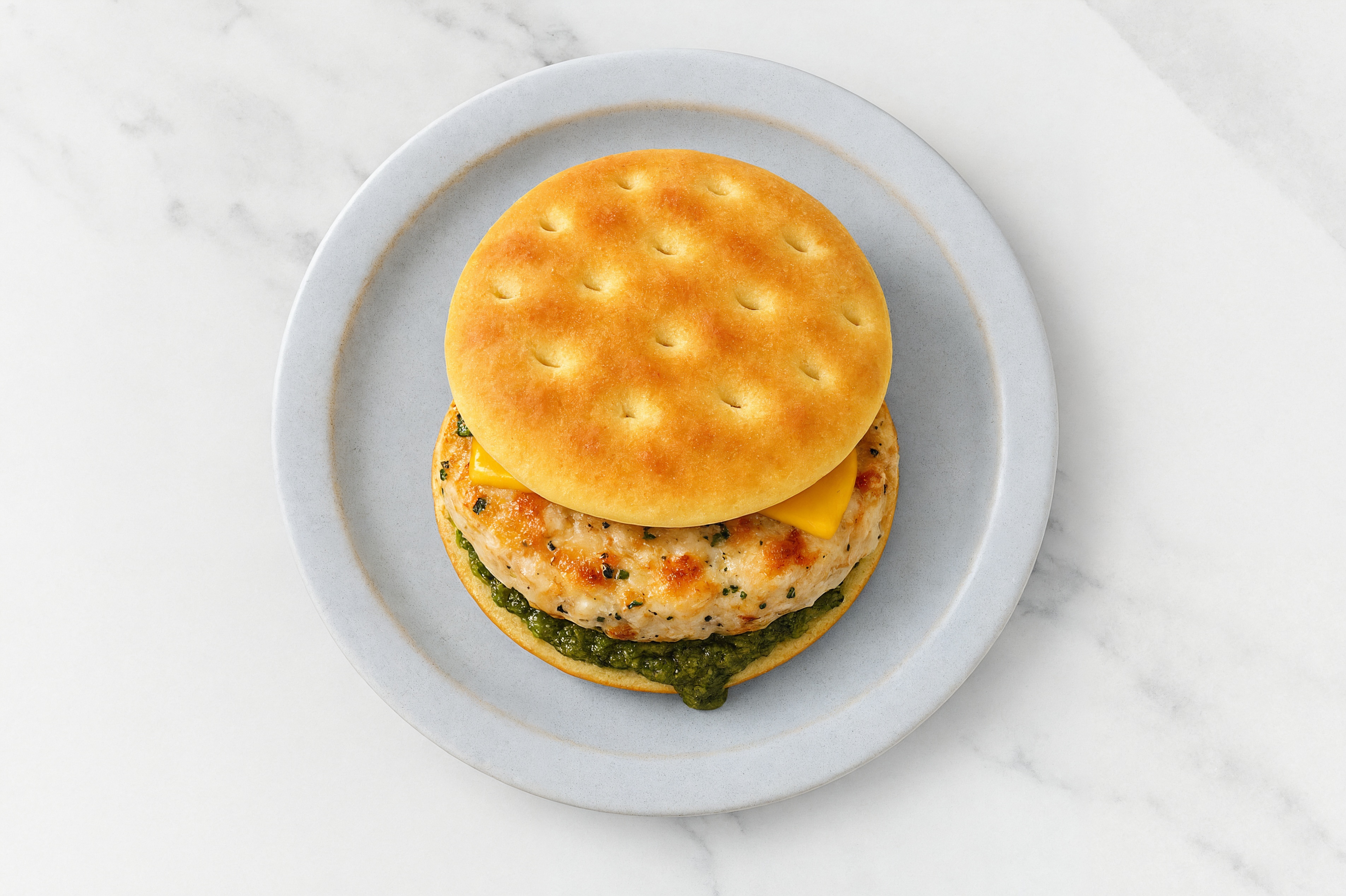 Garlic Chicken Burger on Brioche Thin Buns with Spinach Pesto & American