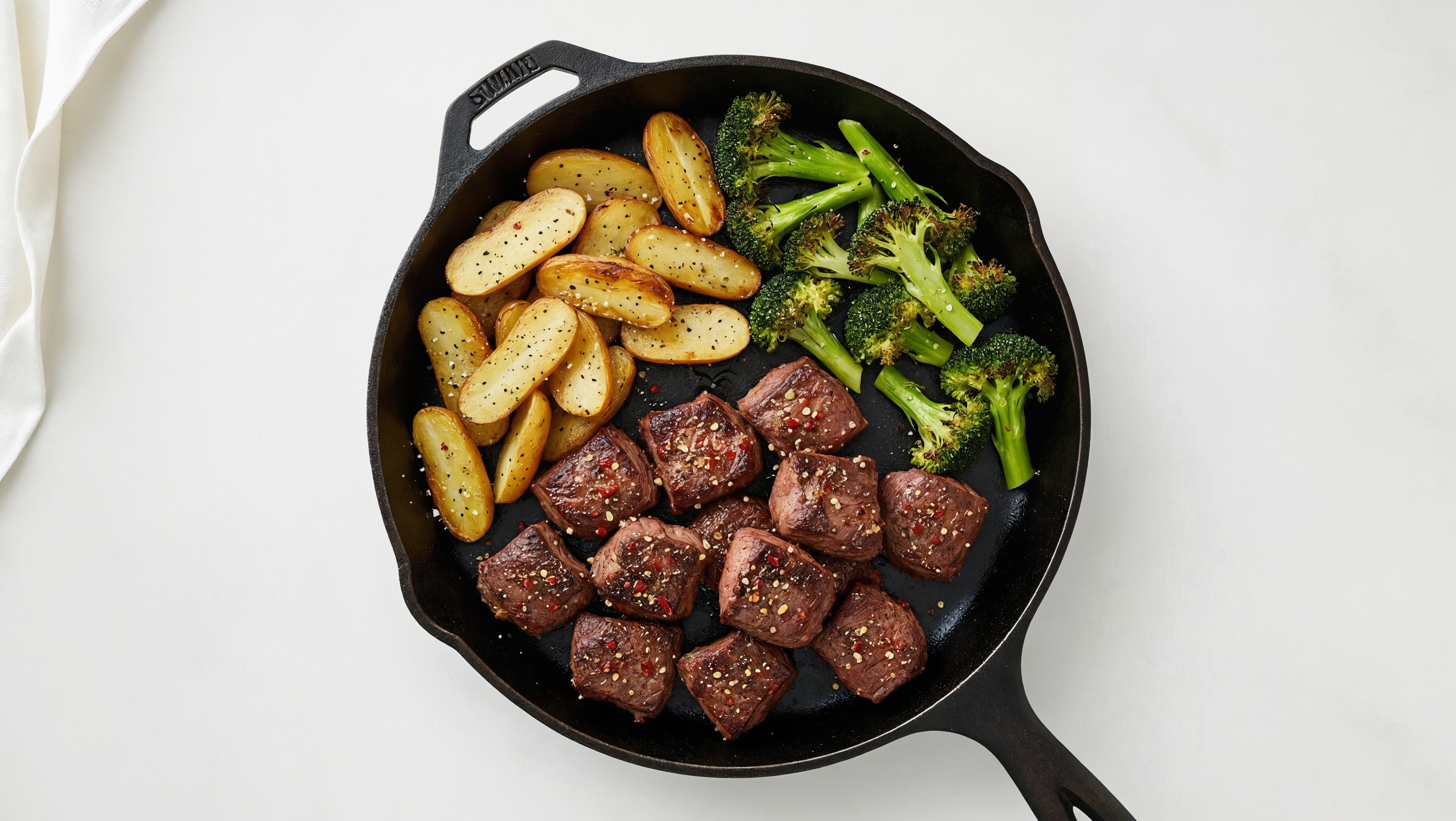 Fingerling Potatoes + Organic Broccoli with  Pepper Lamb Cubes