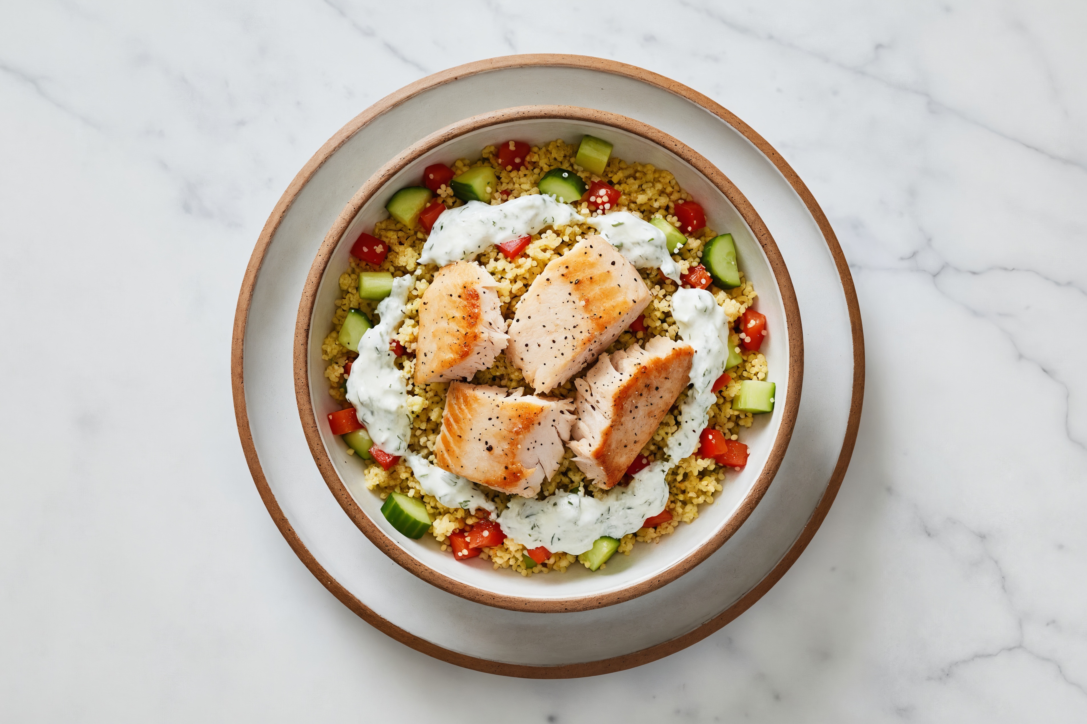  Seared Steelhead Trout + Tzatziki Veggie Bliss Bowl with Red Bell Pepper