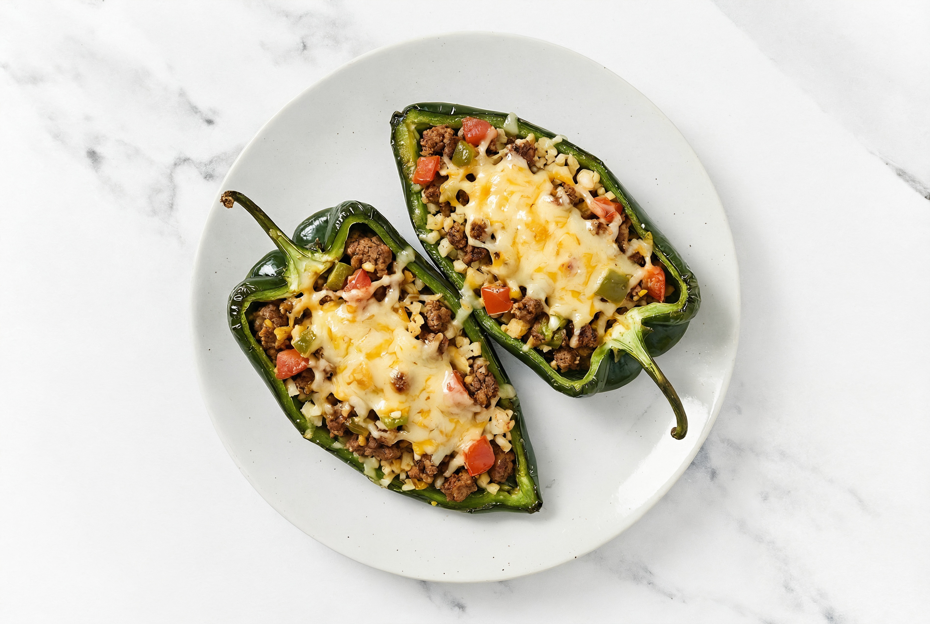 Cheezy Bacon + Cheddar Beef Burger + Cauliflower Stuffed Poblano Peppers