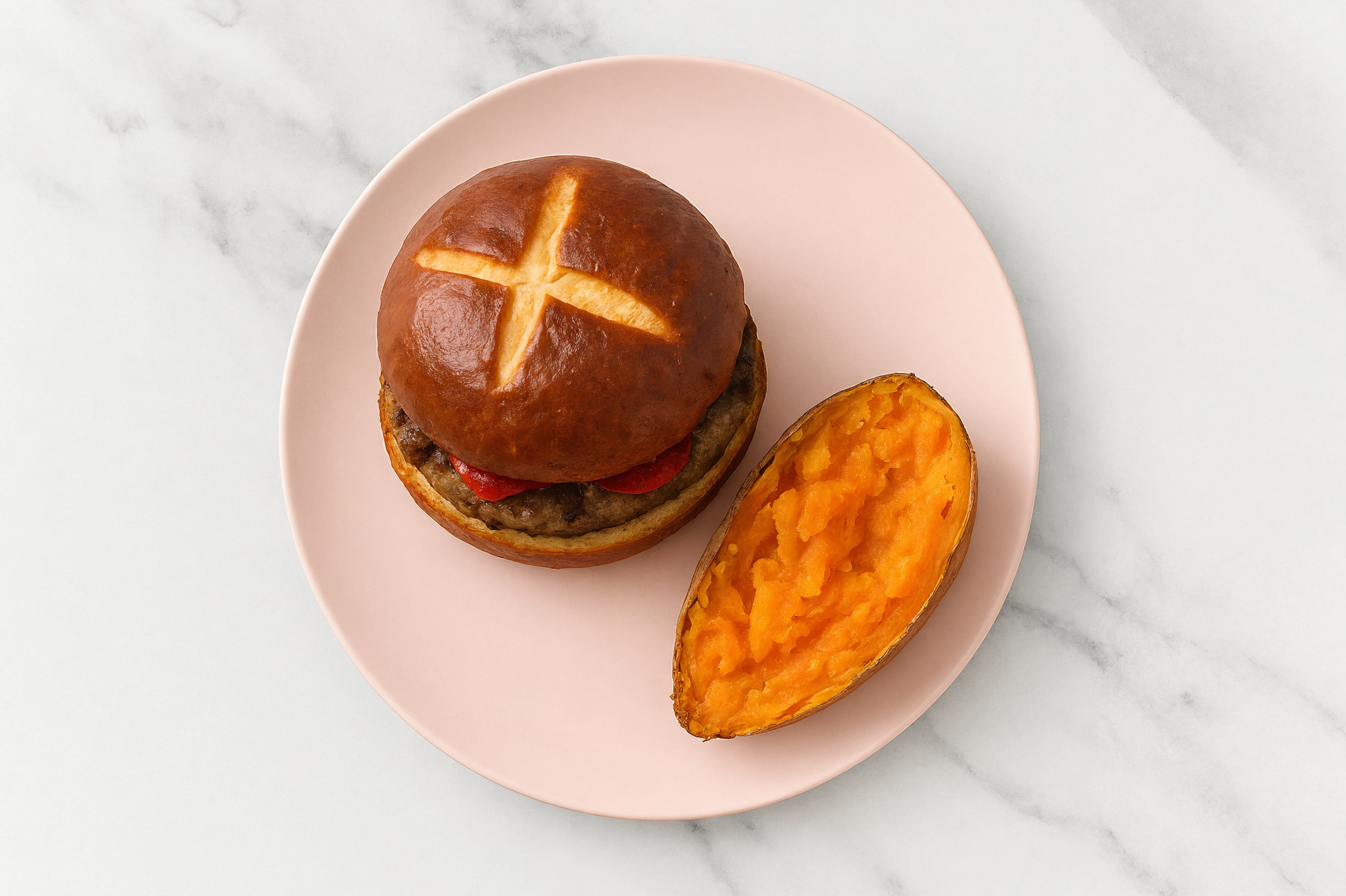 Vegetable + Ground Beef Patties Burger on Pretzel Bun